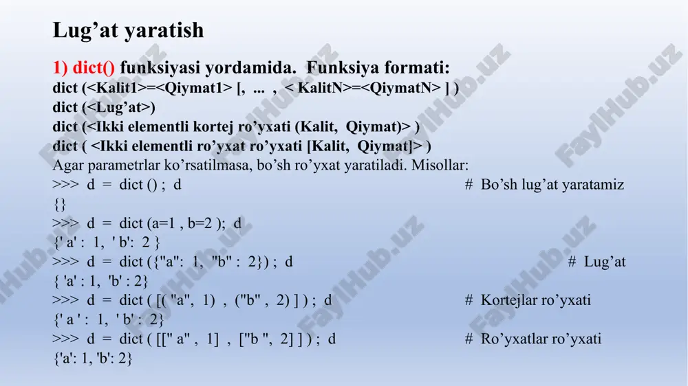 mavjud bo'lsa, u holda ushbu elementga mos keladigan qiymat qaytariladi. agar kalit yo'q bo'lsa, u holda none yoki ikkinchi parametrda ko'rsatilgan qiymat qaytariladi. misol: >>> d = { "a" : 1, "b" : 2} >>> d. get (" a ") , d.get (" c" ) , d.get (" c" , 800) (1, none, 800) setdefault ( [, ]) - agar kalit lug'atda mavjud bo'lsa, u holda usul ushbu kalitga mos keladigan qiymatni qaytaradi. agar kalit yo'q bo'lsa, u ikkinchi parametrda ko'rsatilgan qiymat bilan lug'atda yangi element yaratadi. agar ikkinchi parametr ko'rsatilmagan bo'lsa, yangi elementning qiymati none bo’ladi. misol: >>> d = {"a":1, "b": 2} >>> d.setdefault ("a") ,d . setdefault (" c "), d.setdefault ("d", 0) (1, none , 0) >>> d {'a' : 1, 's' : none , 'b' : 2 , 'd' : 0} pop ( [, ]) –ko’rsatilgan kalit bilan elementni olib tashlaydi va uning qiymatini qaytaradi. …