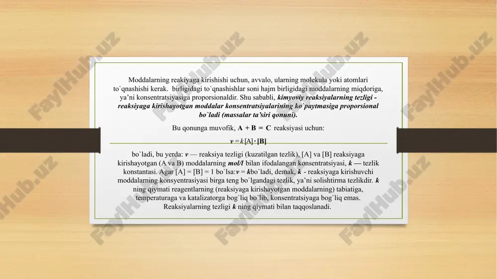 eaksiyalarning biri ikkinchisining natijasini yoʻqqa chiqaradi. mohiyatiga koʻra, k.m. dinamik muvozanatdir. oʻzgarmas muhit (kislotali yoki asosli) va sharoitda (temperatura, bosim) reaksiyaga kirishayotgan moddalar konsentratsiyasining oʻzgarmasligi k.m.ning muhim belgisidir. k.m.ni oʻrganish nazariy tadqiqotlar va turli amaliy masalalarni hal qilishda katta ahamiyatga ega le-shatele printsipi. muvozanatda turgan sistemaga biror bir ta’sir ko’rsatilsa, muvozanat buziladi va ma’lum vaqtdan so’ng yangi muvozanat qaror topadi. bu jarayon muvozanatning siljishi deyiladi. muvozanatni qay tarafga siljishini le-shatele printsipi aniqlab beradi: muvozanatda turgan sistemaga biron-bir tashqi ta’sir ko’rsatilsa, muvozanat shu ta’sirni kamaytiruvchi reaktsiyaning borishi tarafga siljiydi. n2 + 3h2 = 2nh3 dh < 0 ushbu reaksiyada azot, vodorod kontsentrasiyalarining oshishi hamda ammiak kontsentrasiyasini kamayishi muvozanatni o’ngga ammiak hosil bo’lishi tarafga siljishiga olib keladi.aksincha azot yoki vodorod kontsenrasiyasini kamaytirish hamda ammiak kontsentrasiyasini oshirish muvozanatni chap tarafga siljitadi. harorat oshganda muvozanat endotermik reaksiyaning borishi tarafga ya’ni ammiakning parchalanishi tarafga siljiydi. bosim oshganda esa, muvozanat gaz modda molekulalari son kamayadigan tarafga …