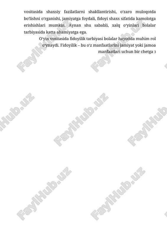 da fidoyilik tarbiyasini tashkil etishning pedagogik usullari va metodlarini o‘rganish, shu orqali bolalarda ijtimoiy, ma’naviy va jismoniy fazilatlarni rivojlantirish. kurs ishining vazifalari: 1.maktabgacha ta’lim tashkilotlarida o‘yin vositasida fidoyilik tarbiyasining ahamiyatini tahlil qilish. 2.o‘yin vositasida fidoyilikni tarbiyalash uchun zarur bo‘lgan metod va usullarni aniqlash. 3.xalq o‘yinlarining bolalar tarbiyasidagi o‘rni va ahamiyatini o‘rganish. 4.maktabgacha ta’lim tashkilotlarida o‘yin vositasida fidoyilik tarbiyasini samarali tashkil etish bo‘yicha tavsiyalar ishlab chiqish. kurs ishining o‘rganilganlik darajasi:o‘rganilganlik darajasi, asosan, o‘quv jarayonida amalga oshirilgan tadqiqotlarning samaradorligini va yoritilgan masalalar bo‘yicha ilgari surilgan yangi fikr va yondashuvlarni o‘z ichiga oladi. maktabgacha ta’lim tashkilotlarida o‘yin vositasida fidoyilik tarbiyasini o‘rganish jarayoni, bugungi kunda yosh avlodni jismoniy, ma’naviy va axloqiy jihatdan rivojlantirishda muhim ahamiyatga ega. aynan shu sababli, o‘rganilganlik darajasi nafaqat o‘yin vositasining tarbiyaviy imkoniyatlarini, balki uning fidoyilik, mehnatsevarlik, jamoaviylik va adolat kabi ijtimoiy fazilatlarni shakllantirishdagi rolini ham o‘z ichiga oladi. kurs ishining mazmuni, o‘yin vositasida fidoyilik tarbiyasini amalga oshirishning metodologik asoslarini tahlil …