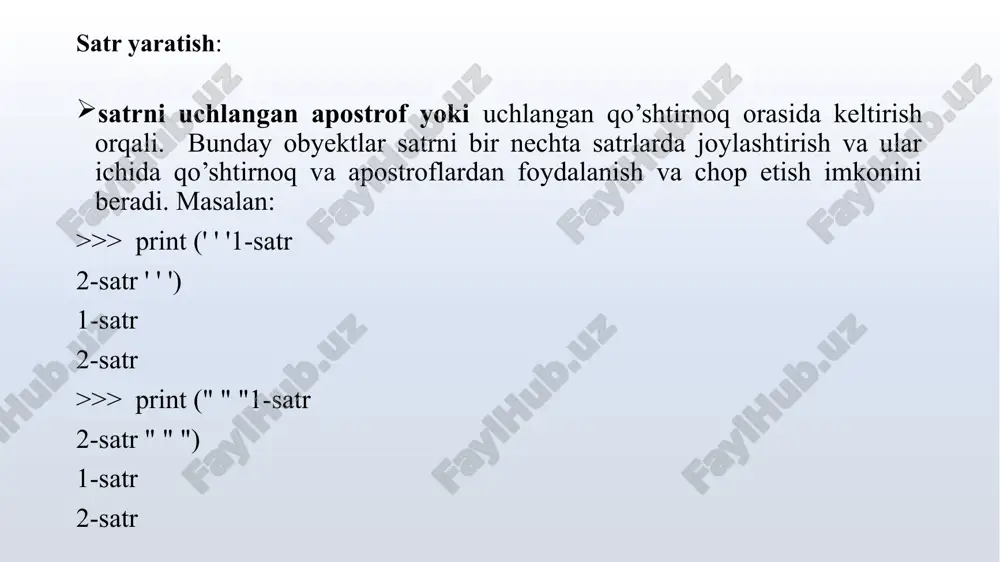 find("mis"), s.find ("test" ) (0, 12, -1) >>> s.find ("mis", 9), s.find ("mis", 0, 6) , s.find ("mis", 6, 12 ) (-1, 0, 6) index() - find() metodining analogi hisoblanadi, biroq satr osti topilmasa valueerror xatoligi ro’y beradi. metod formati quyidagicha: .index( [-, [, ]]) misol: >>> s = "misol misol misol" >>> s.index ("mis "), s.index("mis", 7, 12), s.index("mis" , 1) (0, 6, 12) >>> s.index ("test" ) traceback (most recent call last): file " ", line 1, in s.index("test") valueerror: substring not found rfind() – satrdan satr ostini qidirish. satrdan eng oxirida uchragan satr osti pozitsiyani qaytaradi. agar satr osti topilmasa, -1 qaytariladi. metod belgi registriga bog’liq. quyidagi formatga ega: .rfind ( [, [, )]) agar boshlanish ko’rsatilmasa qidirish satr boshidan boshglanadi (ya’ni 0 deb olinadi). agar va parametrlari ko’rsatilsa, amal shu qirqim oralig’ida bajariladi: [ : ] va satrning ushbu qismidan satr osti qidiriladi. masalan: >>> s …
