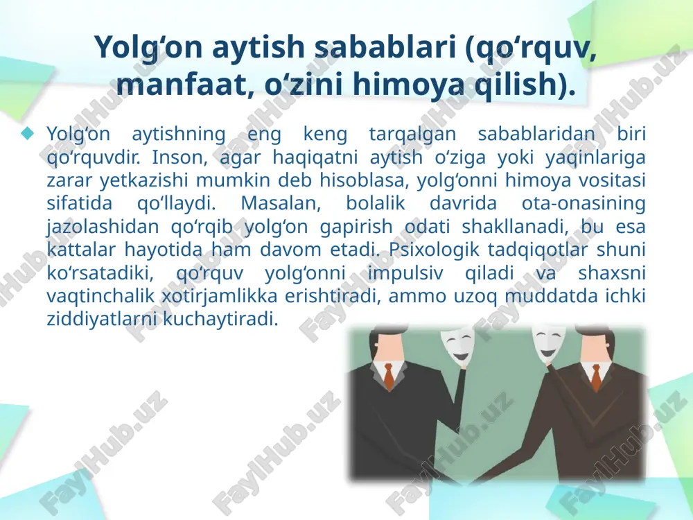 ini tushunish jamiyatdagi ishonchni mustahkamlaydi. psixologik asoslar yolg‘onni himoya mexanizmi sifatida ko‘rsatsa, fiziologik belgilar uni ochib beradi. aniqlash usullari esa ilmiy yondashuvni ta’minlaydi. yolg‘onni kamaytirish uchun o‘z-o‘zini anglash va ochiqlikni rivojlantirish zarur, bu esa sog‘lom munosabatlarga olib keladi. ushbu tahlil yolg‘onning murakkabligini ko‘rsatib, uni yengish yo‘llarini ochadi foydalanilgan adabiyotlar ekman, p. (2009). telling lies: clues to deceit in the marketplace, politics, and marriage. vrij, a. (2008). detecting lies and deceit: pitfalls and opportunities. o‘zbekiston respublikasi oliy ta’lim psixologiyasi darsliklari https://www.psychologytoday.com https://www.apa.org image5.jpeg image6.png image7.png image8.png image9.png image10.png image11.png image12.png image13.png image2.jpeg image3.png image4.png /docprops/thumbnail.jpeg