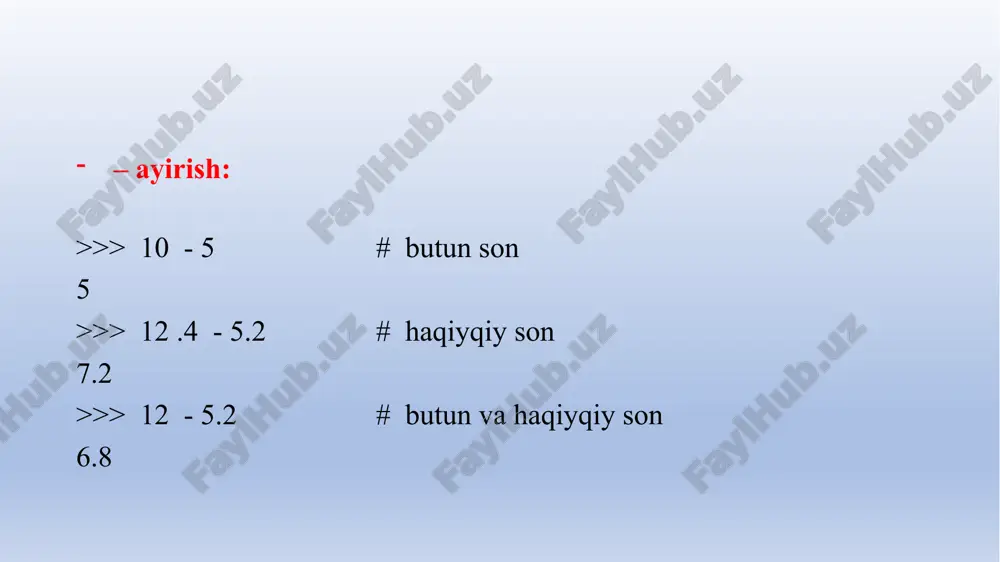 h katta ustuvorlikka ega, agar o’ngda joylashgan bo’lsa, kichik ustuvorlikka ega. *, %, /, // – ko’paytirish(takrorlash), qoldiqli bo’lish, bo’lish, kami bo’yicha yaxlitlab bo’lish. +, - – qo’shish (konkatenasiya), ayirish. > – ikkilik siljitish. & – ikkilik va. ^ – ikkilik istisnoli yoki. | – ikkilik yoki. =, +=, -=, *=, /=, //=, %=, ** = – o’zlashtirish /docprops/thumbnail.jpeg