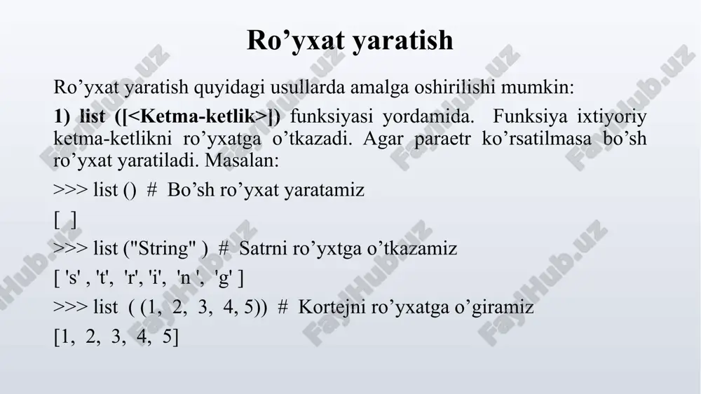 e funksiyasidan foydalaniladi va uning argumentiga qiymat sifatida ro'yxat beriladi: 1 user = "akmal", 2 print(user) # ('akmal',) shuni alohida takidlash kerakki, kortej faqat bitta elementdan tashkil topsa ham vergul ishlatiladi: 1 userlist = ["yusuf", 'tolib', 'rustam'] 2 usertuple = tuple(userlist) 3 print(usertuple) # ('yusuf', 'tolib', 'rustam') kortej elementlariga murojaat kortej elementlariga murojaat xuddi ro'yxatlardagi kabi indekslari orqali amalga oshiriladi. indekslar kortej boshiga nisbatan 0 dan, kortej oxiriga nisbatan -1 dan boshlanadi: 1 users = ("yusuf", 'qodir', 'erkin', 'oybek') 2 print(users[0]) #yusuf 3 print(users[2]) # erkin 4 print(users[-1]) # oybek 5 print(users[1:3]) # ('qodir', 'erkin') kortej o'zgarmaydigan tur bo'lganligi sababli uning elementini o'zgartirib bo'lmaydi. masalan: users[0] = "rahim" kabi kod yozilsa, python interpretatori xatolik to'g'risida xabar chiqaradi. kortej elementlarini, ularning soniga mos o'zgaruvchilarga birdaniga yuklash ham mumkin: 1 users =("yusuf", 'qodir', 'erkin',) 2 a, b, c = users 3 print(a) # yusuf 4 print(b) # qodir 5 print(c) # erkin …
