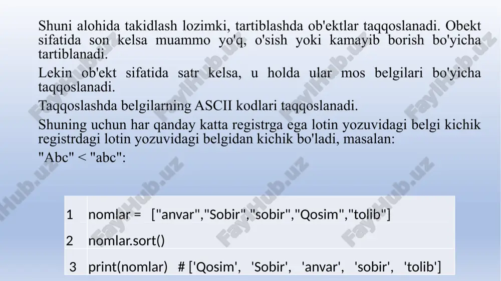 yxatning oxirgi elementini oschirish 24 ishchilar.pop(-1) 25 # birinchi elementni oszgartirish 26 ishchilar[0] = [ "sobir", 18] 27 print(ishchilar) # [['sam', 18],['akmal', 30]r['botir'r 27]] murakkab ro'yxatlar elementlariga murojaat ichma - ich joylashgan takrorlash operatorlari orqali amalga oshirilishi mumkin: 1 ishchilar = [ 2 [ "tolib" , 33], 3 [ "akmal", 30], 4 5 [ "botir", 27] ] 6 for ishchi in ishchilar: 7 for i in ishchi: 8 print(i, end="|") 9 # konsolga quyidagi ma^lumotlar chiqariladi 10 # tolib\33\akmal\30\botir\27\ /docprops/thumbnail.jpeg