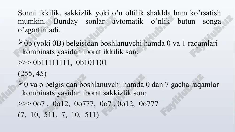 [, ]) - ko’rsatilga asos bo’yicha logarifm. agar asos ko’rsatilmasa natural logarifm deb hisoblanadi (e asosga ko’ra); log10 () – o’nlik logarifm ; log2 () – 2 asosga ko’ra logarifm; sqrt () – kvadrat ildiz: >>> math.sqrt(100), math.sqrt(25) (10.0, 5.0) sonlar bilan ishlashning asosiy funksiyalari: ceil () – eng yaqin katta songa yaxlitlash: >>> math.ceil(5.49), math.ceil(5.50), math.ceil(5.51) (6, 6, 6) floor () - – eng yaqin kichik songa yaxlitlash: >>> math.floor(5.49), math.floor (5.50), math.floor(5.51) (5, 5, 5) row ( , ) – ni ga ko’tarish: >>> math.pow(10, 2), 10**2, math.pow(3, 3), 3**3 (100.0, 100, 27.0, 27 ) sonlar bilan ishlashning asosiy funksiyalari: fabs () – absolyut qiymat: >>> math.fabs(10), math.fabs(-10) , math.fabs(-12.5) (10.0, 10.0, 12.5) fmod() – qoldiqli bo’lish: >>> math.fmod (l0, 5) , 10%5, math.fmod (l0, 3), 10%3 (0.0, 0, 1. 0, 1) sonlar bilan ishlashning asosiy funksiyalari: factorial () – son faktoriali: >>> math.factoria1(5), math.factorial(6) (120, 720) fsum …