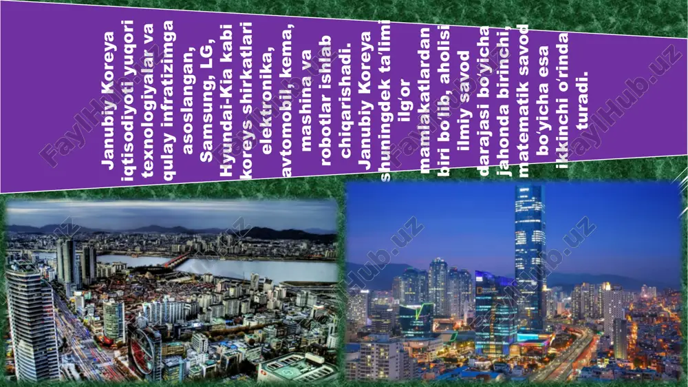 a obrazets teksta obrazets zagolovka obrazets teksta vtoroy uroven tretiy uroven chetvertiy uroven pyatiy uroven obrazets zagolovka obrazets teksta vtoroy uroven tretiy uroven chetvertiy uroven pyatiy uroven obrazets zagolovka obrazets teksta vtoroy uroven tretiy uroven chetvertiy uroven pyatiy uroven mavzu: koreya davlati mavzu: koreya davlati reja : 1. tarixi 2. uch qirollik davri 3. geografik joylashuvi 4. iqlimi 5. iqtisodiyoti 6. aholisi reja : 1. tarixi 2. uch qirollik davri 3. geografik joylashuvi 4. iqlimi 5. iqtisodiyoti 6. aholisi koreya jahonning eng qadimgi tamaddunlaridan biridir ; uning hududida quyi paleolit davridayoq odamlar yashaganligi maʼlum . uch koreys qirolligining 668-yildagi birlashuvidan to 1910-yilgacha koreys xalqi yaxlit mamlakatda yashadi . koreya boʻlinishidan soʻng 1948-yili janubiy koreya davlati yaratildi . koreys urushidan keyin koreya respublikasi iqtisodiyoti kuchli oʻsishni boshidan kechirib , mamlakat katta yigirmatalik safiga kirdi . bugungi kunda janubiy koreya toʻrt osiyo barslaridan biri , deb hisoblanadi . koreya jahonning eng qadimgi …