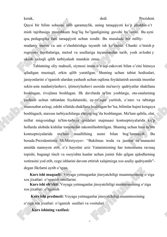 oq davlatimiz raxbarining tashabbusi va bevosita rahnamoligida voyaga etmaganlar va yoshlar tarbiyasi, ularning ma‘naviyatini yuksaltirish borasidagi islohotlarni tizimli, bosqichma-bosqich amalga oshirish strategiyasi belgilab olindi. mazkur isohotlarning asosiy maqsadi voyaga yetmaganlar va yoshlarni kamol toptirish, iqtidorini to`la-to`kis ro`yobga chiqarsih uchun ijtimoiy, iqtisodiy, huquqiy, tashkiliy jihatdan shart-sharoit yaratishhamda ularni kafolatlashdan iborat. bugungi kunda mamlakatimizda 18 gacha bo`lgan yoshlar 10 million 360 ming nafari yoki umumiy aholining taxminan 40 foizini tashkil etadi. shuni alohida ta‘kidlash kerakki, 18 yoshgacha bo`lgan davrda insonning ongi, axloqi, ma‘naviy qiyofasi shakllanadi. shu ma‘noda, mamlakatimizda voyaga etmaganlar va yoshlar huquqlarini himoya qilishga davlat siyosatining ustivor yo`nalishlaridan biri sifatida jiddiy e‘tibor berilmoqda. o`zbekiston respublikasi konstitutsiyasiga asosan davlat fuqarolarning konstitutsiya va qonunlarda mustahkamlangan huquq va erkinliklarini ta‘minlaydi. xususan, o`zbekistonning yosh fuqarolari konstitutsiya va qonun hujjatlarida mustahkamlab qo`yilgan ijtimoiy-iqtisodiy, siyosiy va shaxsiy huquq hamda erkinliklardan to`liq foydalanadilar. yoshlarning qonuniy huquq va manfaatlarini ularning yoshiga qarab bevosita yoki bilvosita cheklab qo`yishga yo`l qo`yilmaydi …