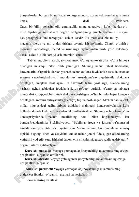 aqillikning ilk kunlaridanoq davlatimiz raxbarining tashabbusi va bevosita rahnamoligida voyaga etmaganlar va yoshlar tarbiyasi, ularning ma‘naviyatini yuksaltirish borasidagi islohotlarni tizimli, bosqichma-bosqich amalga oshirish strategiyasi belgilab olindi. mazkur isohotlarning asosiy maqsadi voyaga yetmaganlar va yoshlarni kamol toptirish, iqtidorini to`la-to`kis ro`yobga chiqarsih uchun ijtimoiy, iqtisodiy, huquqiy, tashkiliy jihatdan shart-sharoit yaratishhamda ularni kafolatlashdan iborat. bugungi kunda mamlakatimizda 18 gacha bo`lgan yoshlar 10 million 360 ming nafari yoki umumiy aholining taxminan 40 foizini tashkil etadi. shuni alohida ta‘kidlash kerakki, 18 yoshgacha bo`lgan davrda insonning ongi, axloqi, ma‘naviy qiyofasi shakllanadi. shu ma‘noda, mamlakatimizda voyaga etmaganlar va yoshlar huquqlarini himoya qilishga davlat siyosatining ustivor yo`nalishlaridan biri sifatida jiddiy e‘tibor berilmoqda. o`zbekiston respublikasi konstitutsiyasiga asosan davlat fuqarolarning konstitutsiya va qonunlarda mustahkamlangan huquq va erkinliklarini ta‘minlaydi. xususan, o`zbekistonning yosh fuqarolari konstitutsiya va qonun hujjatlarida mustahkamlab qo`yilgan ijtimoiy-iqtisodiy, siyosiy va shaxsiy huquq hamda erkinliklardan to`liq foydalanadilar. yoshlarning qonuniy huquq va manfaatlarini ularning yoshiga qarab bevosita yoki bilvosita cheklab qo`yishga …