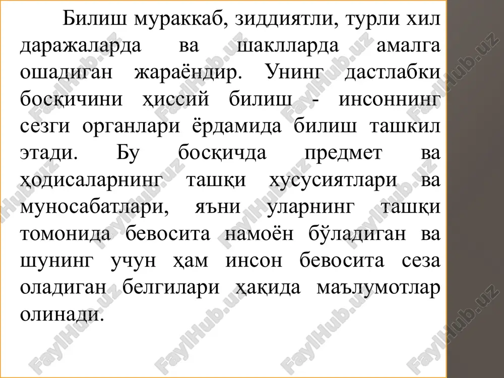 asining mazmunini fanning muhim belgtlari,tushunchalari,qonunlari, bilimlar sistemasidan iborat bo'lishi,dunyoqarashida ishtirok qilishi va shukabilar tashkil qiladi. tushuncha hajmi – tushunchada fikr qilinayotgan predmetlar yig'indisi 1. yakka va umumiy tushunchalar 2. ayiruvchi va to'plovchi tushunchalar 3. cheksiz va cheklangan tushunchalar tushunchaning mazmuni va hajmi o'rtasidagi teskari nisbat qonuni – tushunchaning hajmi kengaytirilsa, mazmuni torayadi va aksincha hajmi toraytirilsa , mazmuni kengayadi. 2.tushuncha turlari va ular o'rtasidagi munosabatlar.tushunchalar bilan olib boriladigan mantiqiy amallar. tushunchalar umumiy belgilariga ko'ra taqqoslanadigan tushunchalar – umumiy belgilarga ega , mazmuni va hajmi jihatidan bir-biriga yaqin turgan tushunchalar. taqqoslanmaydigan tushunchalar – bir-biri bilan uzviy aloqada bo'lgan, ko'p hollarda moddiy yoki ideal bo'lishdan boshqa umumiy belgiga ega bo'lmagan predmetlarni aks ettiruvchi tushunchalar. taqqoslanadigan tushunchalar sig'ishadigan tushunchalar (hajmiga ko'ra) sig'ishmaydigan tushunchalar (hajmiga ko'ra) moslik munosabati qisman moslik munosabati bo'ysunish munosabati birga bo'ysunish munosabati qarama-qarshilik munosabati zidlik munosabati takkoslanmaydigan tushunchalar chalachul pingvin takkoslanadigan tushunchalar xrizantema lola 2. hukm hukm – predmetga ma'lum …