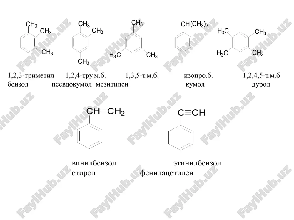bo'ladi: benzol halqasini qaytarish ( birikish) a) benzol va uning gomologlari faqat yuqori temperaturada ni ishtirokida qaytariladi: v) benzol va uning gomologlari ozonni biriktiradi va portlovchi triozonid hosil bo'ladi va undan dikarbonil birikmalar hosil bo'ladi, uni oksidlab karbon kislotasi olinadi: ipso-almashinish reaktsiyalari nitrolash: bromlash: image1.png image2.emf image3.emf image4.emf image5.png image6.emf image7.emf image8.png image9.png image10.png image11.emf image12.emf image13.emf image14.emf image15.emf image16.png image17.png image18.emf image19.png image20.emf image21.emf image22.png image23.emf image24.emf image25.png image26.png image27.png image28.emf image29.png image30.png image31.png image32.png image33.emf image34.emf image35.png image36.png image37.png image38.png image39.png image40.png image41.emf image42.emf image43.emf image44.emf image45.emf image46.emf image47.emf image48.emf image49.emf image50.emf image51.png image52.png image53.emf image54.emf image55.png image56.emf image57.emf c h 3 c h 3 c h 3 c h 3 c h 3 c h 3 c h 3 c 2 h 5 ch 3 ch 3 ch 3 ch 3 ch 3 ch 3 ch 3 c 2 h 5 c h 3 c h 3 …