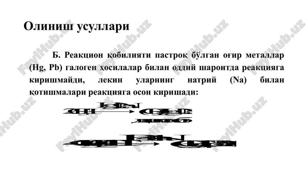 uli hisoblanadi. grinyar reaktivini aldegidlarni olishda ham qo'llash mumkin. masalan, grinyar reaktivi trialkilortoformiat bilan ishlov berilsa atsetal hosil bo'ladi va atsetal gidroliz qilinsa mos aldegid hosil bo'ladi (zelinskiy metodi). oksidlanishi metallorganik birikmalarning ko'pchiligi havo kislorodi ta'sirida oksidlanadi. natriy va kaliy birikmalari shunchalik aktiv reaktsiyaga kirishgandan havoda yonib ketadi. aktivligi pastroq bo'lgan metallarning birikmalaridan ham preparativ moddalar olishda qo'llaniladi. natriyorganik birikmalar asosida sintezlar natriyorganik birikmalarni olish usullaridan biri, ularni simoborganik birikmalardan olish hisoblanadi. natriy bilan uglerod orasidagi bog' ionli bog'ga yaqin bo'lganligi sababli, natriyorganik birikmalarni ion jufti holida tasvirlash mumkin: natriyorganik birikmalar nihoyatda aktiv bo'lganligi sababli, ularning qo'llanish sohalari chegaralangan. natriy atsetilenid quyidagicha olinadi: natriy atsetilenidlar organik sintezda keng qo'llaniladi. ular nukleofil almashinish (sn2) reaktsiyalari bo'yicha ham 1-brombutan natriy propinid nukleofil birikish reaktsiyalariga ham kirishadi: simoborganik birikmalar image1.emf image2.emf image3.wmf oleobject1.bin image4.png image5.png image6.wmf oleobject2.bin image7.wmf image8.wmf image9.png oleobject3.bin oleobject4.bin image10.wmf oleobject5.bin image11.wmf image12.wmf oleobject6.bin oleobject7.bin image13.wmf image14.wmf image15.wmf oleobject8.bin oleobject9.bin …