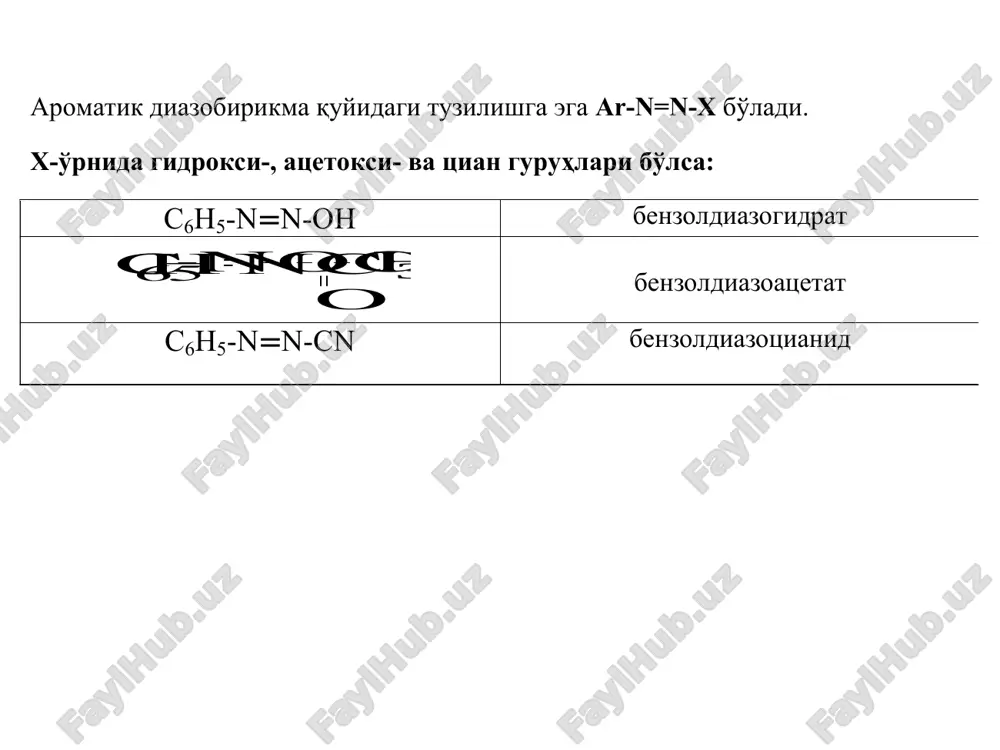 nhnh 2 + nacl + h 2 o n n-xlorfenil- gidrazin n-nitrobenzoldia- n-nitrofenilgidrazin zoniygidrosulfat n no 2 n hso 4 1 )na 2 so 3 (suvli) 2 hcl nh no 2 nh 2 arnncl - + na 2 so 3 ar - n nso 3 na na hso 3 arendiazoniy xlorid arendiazosulfonatnatriy , 0 0 n-arilgidrazin- monosulfokislota n,n-arilgidrazin- disulfokislotaning di-na-tuzi arnhnh 2 t 0 , + h arnhnhso 3 h c + h ar - nnhso 3 na nahso 3 so 3 na shu usul bilan aromatik halqada galogen, nitrogurux, karboksi va murakkab efir guruxlari tutgan arilgidrazinlarni sintez qilish mumkin. azobirikish reaktsiyalari. aromatik diazoniy tuzlari azobirikish reaktsiyalarida elektrofil agent sifatida qatnashadi. n  -  - (ch 3 ) >> [j] oh  -    - - - [m] 2 nncl - + oh naoh h 2 o, - nacl n n oh n ncl + n(ch 3 …