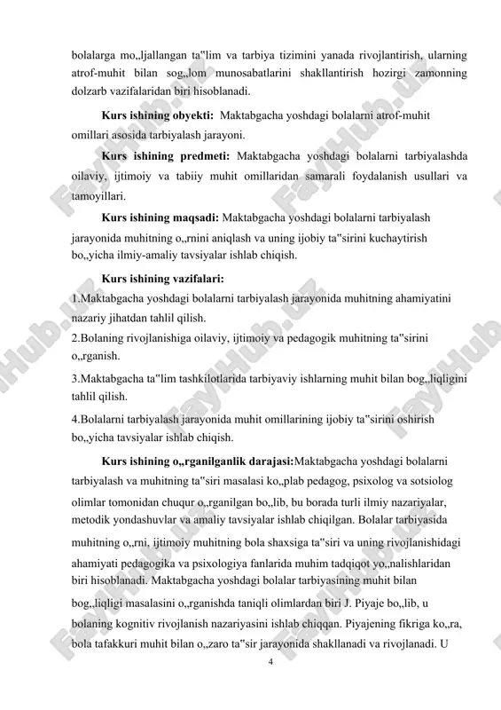 kidlagan. uning fikricha, bolaning rivojlanish jarayoni “yaqin taraqqiyot zonasi” orqali yuzaga chiqadi, bunda kattalar va tengdoshlari bolaning o„rganishiga ta‟sir ko„rsatadi. shu sababli, vygotskiy muhitni bolaning ijtimoiy taraqqiyotida hal qiluvchi omil deb hisoblagan. a.n. leontev psixologik faoliyat nazariyasida insonning shakllanishi va rivojlanishida faoliyat va muhitning bog„liqligini o„rganib, bolalik davrida muhitning ahamiyatini chuqur tahlil qilgan. uning ta‟kidlashicha, bolaning ruhiy va jismoniy rivojlanishi uning faoliyati va muhit bilan o„zaro munosabatiga bog„liq. bolaning turli muhitlarda qanday rivojlanishi uning shaxsiy xususiyatlariga ham ta‟sir ko„rsatadi. bolalar tarbiyasida muhitning ahamiyati pedagogik nuqtayi nazardan ham chuqur o„rganilgan. k.d. ushinskiy bolalarni tarbiyalash jarayonida atrof-muhitning ahamiyatini ta‟kidlab, tarbiya tizimi bolaning yashash muhiti va u bilan o„zaro ta‟sir etuvchi omillar bilan uyg„un bo„lishi kerakligini aytgan. uning qarashlariga ko„ra, bolalar o„z hayotida atrof-muhit ta‟sirida shakllanadi va ularning ijtimoiy xulq-atvori ham aynan shu ta‟sir ostida rivojlanadi. a.s. makarenko esa bolalarni tarbiyalashda jamoa muhitining ahamiyati haqida fikr bildirgan. u bolalarning axloqiy sifatlarini shakllantirish uchun …
