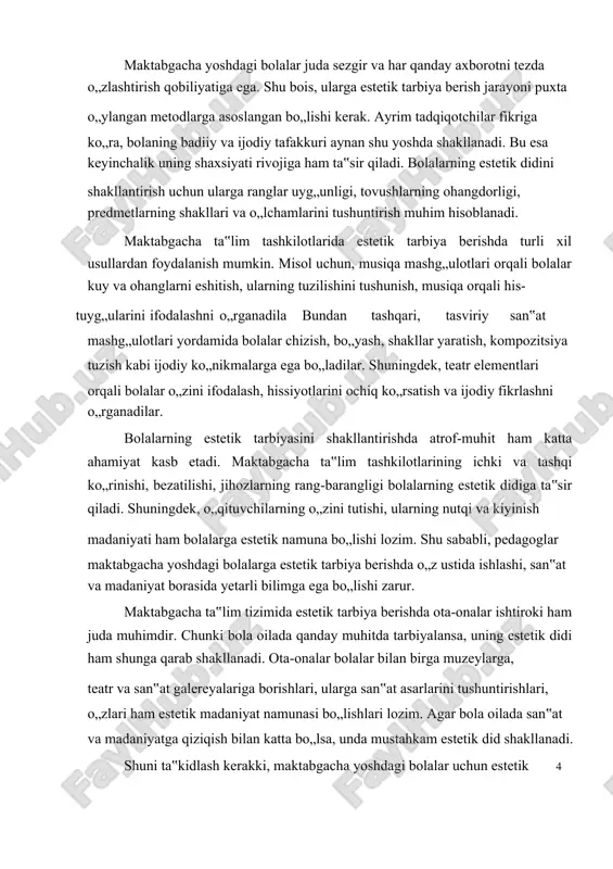 shuni ta‟kidlash kerakki, maktabgacha yoshdagi bolalar uchun estetik 4 tarbiya faqatgina badiiy ta‟lim bilan cheklanmaydi. bu jarayon bolaning kundalik hayotida ham aks etishi kerak. masalan, bolalar kiyinish madaniyatini shakllantirish, gigiyena va tozalikni saqlash, stol atrofida odob bilan o„tirish, suhbat madaniyatini o„rganish ham estetik tarbiyaning tarkibiy qismidir. kurs ishining obyekti:maktabgacha ta‟lim tashkilotlarida estetik tarbiya berishn jarayoni. kurs ishining predmeti: maktabgacha ta‟lim tashkilotlarida estetik tarbiya berish metodlari va vositalari. kurs ishining maqsadi: maktabgacha ta‟lim tashkilotlarida estetik tarbiya jarayonini o„rganish, uning ahamiyatini tahlil qilish va samaradorligini oshirish bo„yicha tavsiyalar ishlab chiqish. kurs ishining vazifalari: 1.estetik tarbiyaning nazariy asoslarini o„rganish – uning mazmuni, tamoyillari va maktabgacha yoshdagi bolalar rivojlanishidagi o„rnini tahlil qilish. 2.maktabgacha ta‟lim tashkilotlarida estetik tarbiya berish metod va vositalarini aniqlash – mavjud yondashuvlarni o„rganish va tahlil qilish. 3.estetik tarbiyaning bolalar ijodiy fikrlashiga ta‟sirini o„rganish – amaliy tadqiqotlar orqali samaradorligini baholash. 4.maktabgacha ta‟limda estetik tarbiyani rivojlantirish bo„yicha tavsiyalar ishlab chiqish – ilg„or pedagogik …