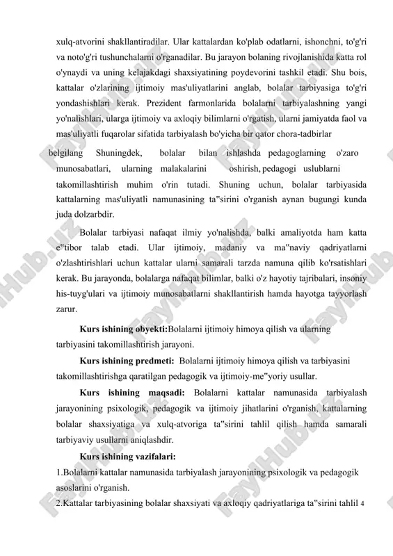 i chuqur o„rganildi. kattalar, ayniqsa ota-onalar, o„qituvchilar va boshqa jamiyat a‟zolarining tarbiyaviy ta‟siri bolalar shaxsiyati va xulq-atvoriga qanday ta‟sir ko„rsatishini tahlil qilish asosiy maqsad bo„ldi. tadqiqot davomida, bolalarni tarbiyalashda kattalar tomonidan ko„rsatiladigan ijtimoiy, axloqiy va madaniy qadriyatlarning o„rni aniqlanib, bu qadriyatlarning bolalar rivojlanishiga qanday ta‟sir ko„rsatishini o„rganishga qaratilgan chuqur tahlil o'tkazildi. kattalar o„z hayotlarida qanday xulq-atvorlarni namuna qilib ko„rsatsalar, bolalar shu tarzda o„rganishga moyil bo„ladilar. bolalar, kattalar xulq-atvorini ko„rib, ularni o„z hayotlariga tatbiq qilishni boshlaydilar. shuning uchun, kattalar uchun tarbiya berishdagi mas'uliyatni anglash va bu mas'uliyatni bolalariga to„g„ri namuna qilib ko„rsatish juda muhim. ushbu ishda kattalar tarbiyasining ijtimoiy va axloqiy aspektlari hamda ularning bolalar tarbiyasiga ta‟siri haqida yoritildi. kurs ishida bolalar psixologiyasi, ularning rivojlanish bosqichlari va kattalarning bu jarayondagi o„rni haqida keng qamrovli tahlil amalga oshirildi. bolalar tarbiyasida kattalar namunasining ahamiyati o„rganildi va kattalar tomonidan namoyon bo„ladigan ijtimoiy va axloqiy qadriyatlarning bolalar rivojlanishiga ta‟siri ko„rib chiqildi. tadqiqot davomida bolalarni tarbiyalashda …