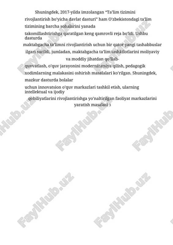 jlantirishga qaratilgan yagona tizimni yaratish muhim ahamiyatga ega. o’zbekiston respublikasi prezidenti tomonidan qabul qilingan farmonlar va qarorlar, shuningdek, “takomillashtirilgan ilk qadam” dasturining 4 muvaffaqiyatli amalga oshirilishi, maktabgacha ta’lim sohasidagi ijobiy o’zgarishlarga, yuqori sifatli ta’limni ta’minlashga olib keladi. bu dastur faqatgina o’quvchilarni emas, balki pedagogik xodimlarni ham yangi metodikalar bilan tanishtiradi, ta’limning barcha bosqichlarida sifatli o’qitish va tarbiya jarayonini rivojlantiradi. shu sababli, “takomillashtirilgan ilk qadam” dasturining muhim ahamiyatini tushunish, uni to’g’ri va samarali amalga oshirish uchun barcha imkoniyatlarni kengaytirish, maktabgacha ta’lim tizimini yanada rivojlantirish zarur. kurs ishining obyekti: o'zbekistondagi maktabgacha ta'lim tashkilotlarida “takomillashtirilgan ilk qadam” davlat o‘quv dasturining amalga oshirilishi va ta’lim jarayonini tashkil qilish jarayoni. kurs ishining predmeti: “takomillashtirilgan ilk qadam” davlat o‘quv dasturi asosida maktabgacha ta’lim tashkilotlarida faoliyat markazlarida ta’lim jarayonini tashkil etishning pedagogik asoslari. kurs ishining maqsadi: “takomillashtirilgan ilk qadam” davlat o‘quv dasturining maktabgacha ta'lim tashkilotlarida amalga oshirilishini tahlil qilish, uning ta’lim jarayonini tashkil qilishdagi samaradorligini o‘rganish va …
