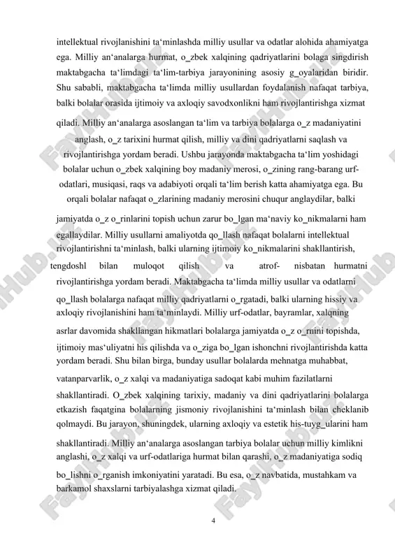 koniyatini yaratadi. bu esa, o‗z navbatida, mustahkam va barkamol shaxslarni tarbiyalashga xizmat qiladi. 4 kurs ishining obyekti:maktabgacha ta‘lim yoshidagi bolalarni barkamol qilib tarbiyalashda milliy usul va odatlardan foydalanish jarayoni. kurs ishining predmeti: bolalar shaxsini barkamol qilib tarbiyalashda milliy usul va odatlardan foydalanishning pedagogik imkoniyatlari va usullari. kurs ishining maqsadi: maktabgacha ta‘limda milliy usul va odatlardan foydalanib, bolalar shaxsini barkamol qilib tarbiyalash jarayonining samaradorligini o‗rganish va ularni amaliyotda qo‗llashning ahamiyatini aniqlashdir. kurs ishining vazifalari: 1.maktabgacha ta‘limda milliy usul va odatlar asosida bolalar shaxsini barkamol qilib tarbiyalashning ahamiyatini o‗rganish. 2.milliy qadriyatlar va an‘analarning bolalar tarbiyasidagi rolini tahlil qilish. 3.maktabgacha ta‘lim tizimida milliy usullarning qo‗llanilishi bo‗yicha amaliy tavsiyalar ishlab chiqish. 4.milliy ta‘lim metodlarining bolalar shaxsini rivojlantirishdagi samaradorligini baholash. kurs ishining o„rganilganlik darajasi:kurs ishining o‗rganilganlik darajasi maktabgacha ta‘limda milliy usul va odatlar asosida bolalar shaxsini barkamol qilib tarbiyalash jarayonining turli jihatlarini o‗rganishga qaratilgan. ushbu ishda milliy qadriyatlar, an‘analarning bolalar tarbiyasidagi ahamiyati va ularni amaliyotda …