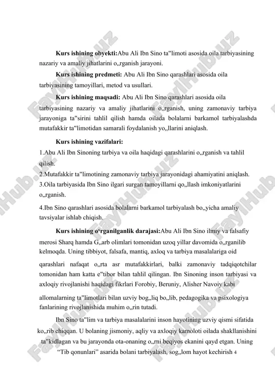 ustaqillikka erishgach, buyuk mutafakkirlarning ilmiy merosiga bo„lgan e‟tibor yanada ortdi. ibn sinoning tarbiya va oila muhitiga oid fikrlari bugungi ta‟lim tizimida, xususan, maktabgacha ta‟lim, umumiy o„rta ta‟lim va kasbiy ta‟lim jarayonlarida keng o„rganilmoqda. zamonaviy pedagoglar va psixologlar tomonidan olib borilgan tadqiqotlar shuni ko„rsatadiki, ibn sinoning tarbiya haqidagi tamoyillari bugungi kunda ham o„z dolzarbligini yo„qotmagan. xususan, uning bolaning axloqiy kamoloti va sog„lom tarbiyasiga oid qarashlari hozirgi ta‟lim tizimida ham muhim o„rin tutadi. bugungi kunda tarbiya jarayonida mutafakkir ilgari surgan usullar, ya‟ni bolaga yoshligidan boshlab axloqiy tushunchalarni singdirish, unga ilmga muhabbat uyg„otish va jismoniy tarbiya bilan shug„ullanish kabi tamoyillar keng qo„llanilmoqda. ushbu kurs ishida abu ali ibn sinoning tarbiya haqidagi qarashlari ilmiy-tahliliy yondashuv asosida o„rganiladi va ularning zamonaviy tarbiya jarayonidagi ahamiyati aniqlanadi. shuningdek, oila tarbiyasida ibn sinoning pedagogik qarashlaridan qanday foydalanish mumkinligi bo„yicha tavsiyalar ishlab chiqiladi. shu bois, mazkur mavzu nafaqat nazariy, balki amaliy jihatdan ham muhim bo„lib, bugungi kundagi tarbiya jarayoni …