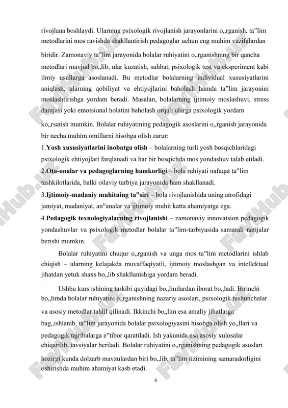 qilish, ularning psixologik xususiyatlarini aniqlash va ta‟lim-tarbiya jarayonida samarali qo„llash yo„llarini ishlab chiqish. kurs ishining vazifalari: 1.bolalar ruhiyatini o„rganishning nazariy va pedagogik asoslarini tahlil qilish. 2.bolalarning yoshga oid psixologik xususiyatlarini aniqlash va ularning ta‟lim jarayoniga ta‟sirini o„rganish. 3.bolalar ruhiyatini o„rganish metodlari va ularning samaradorligini tahlil qilish. 4.ta‟lim-tarbiya jarayonida bolalar ruhiyatini inobatga olgan holda samarali pedagogik yondashuvlarni taklif etish. kurs ishining o„rganilganlik darajasi:kurs ishining o„rganilganlik darajasi bolalar ruhiyatini o„rganish bo„yicha olib borilgan ilmiy tadqiqotlar, psixologik va pedagogik nazariyalar hamda zamonaviy ta‟lim metodlariga asoslanadi. ushbu mavzu bo„yicha jahon pedagogikasi va psixologiyasida l.s. vygotskiy, j. piajye, a.n. leontyev kabi olimlarning tadqiqotlari muhim ahamiyatga ega. shuningdek, o„zbekiston olimlari – g„. b. rahimov, m. n. asqarova, sh. t. tursunov va boshqa mutaxassislar tomonidan bolalar ruhiyati va ta‟lim jarayonidagi psixologik yondashuvlar chuqur o„rganilgan. mazkur ishda bolalar ruhiyatining pedagogik asoslari bo„yicha ilgari surilgan nazariyalar, amaliy tajribalar va innovatsion yondashuvlar tahlil qilinadi. kurs ishining ilmiy yangiligi: kurs ishining …