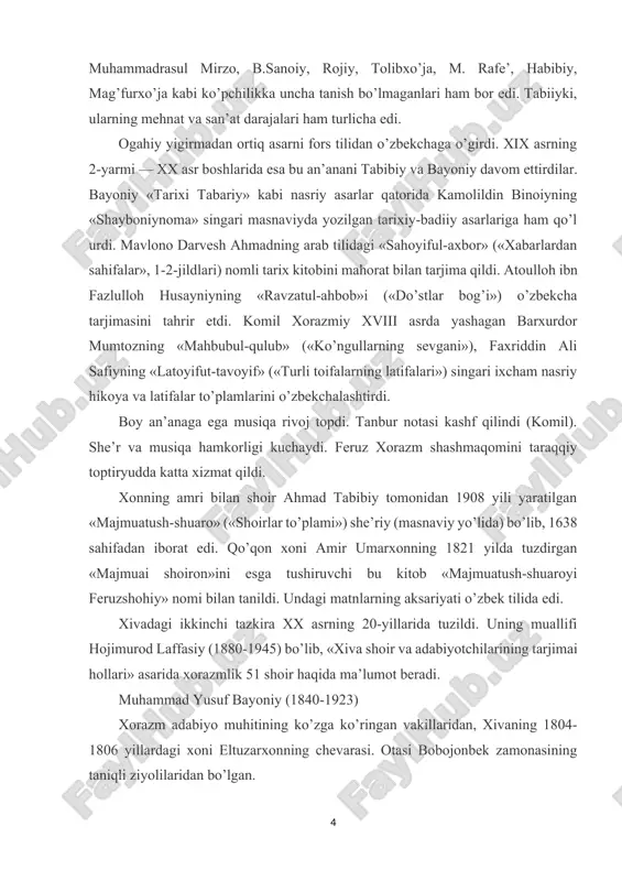 zkira xx asrning 20-yillarida tuzildi. uning muallifi hojimurod laffasiy (1880-1945) bo’lib, «xiva shoir va adabiyotchilarining tarjimai hollari» asarida xorazmlik 51 shoir haqida ma’lumot beradi. muhammad yusuf bayoniy (1840-1923) xorazm adabiyo muhitining ko’zga ko’ringan vakillaridan, xivaning 1804-1806 yillardagi xoni eltuzarxonning chevarasi. otasi bobojonbek zamonasining taniqli ziyolilaridan bo’lgan. muhammad yusuf yoshligidan yuksak tarbiya topdi, she’rga, ilmga, musiqaga ko’ngil qo’ydi. iste’dodli shoir, muarrix, mutarjim, mug’anniy va musiqa bilimdoni bo’lib etishdi. zamondoshlari ahmad tabibiy, laffasiy o’z tazkiralarida uning hayoti va faoliyati haqida atroflicha ma’lumot beradilar. uning shaxsini ham, iste’dodini ham yuksak baholaydilar. bayoniydan bir she’riy devon, «shajarayi xorazmshohiy» va «xorazm tarixi» kitoblari hamda yuqorida nomlari zikr etilgan 4 tarjima asari qolgan. devoni xix asrning 60-yillaridan 1905 yilgacha bo’lgan she’rlarini qamrab oladi. tarix asarlarining katta qismini bayoniyning o’zi guvoh bo’lgan voqealar tash-kil qiladi. xususan, «shajarayi xorazmshohiy»dagi rus bosqini voqealari tasviri yuksak vatanparvarlik ruhi bilan sug’orilgan. shoirning 1905-1923 yillarda yozgan she’riy asarlari namunalari o’sha davr vaqtli …