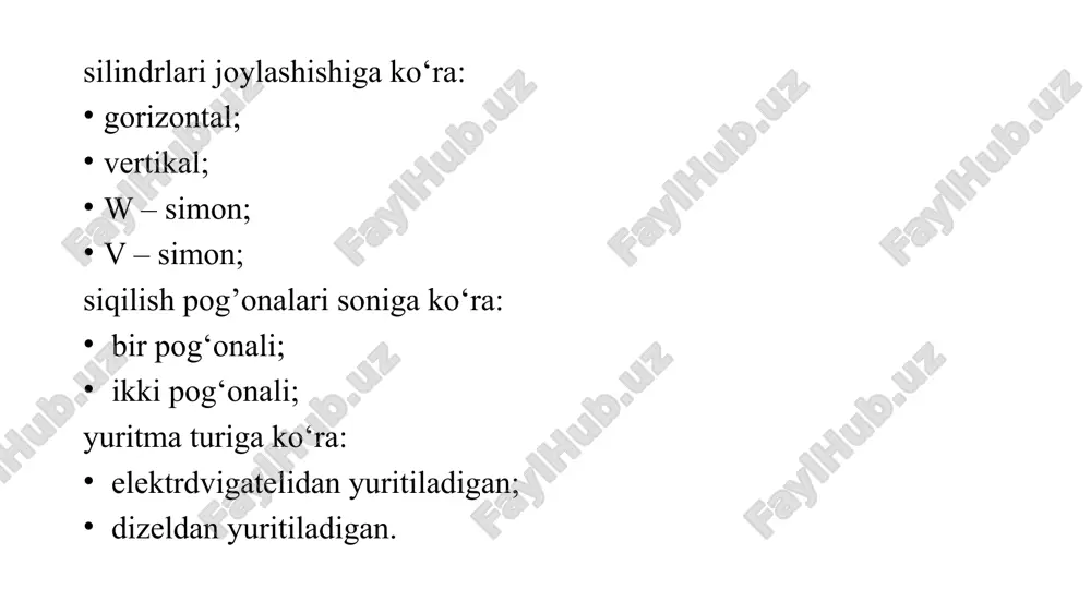 qayd etuvchi nazorat shtiftlari bilan qotirish uchun to`g’ri burchak kesimli darchasi bo`lgan uchta prival flanetsiga ega. flanetsning bir darchasi shatunlar uzeli 2 ni montaj va demontaj qilishga xizmat qiladi. yon tomonlarda korpus 13 da korpus ichida joylashgan detallarga qo`l etishi uchun ikkita l yuk mavjud. barcha silindrlarning o`qlari bir vertikal sathda joylashadilar. diametri 198 mm bo`lgan quyi bosim silindrlari 120° burchak ostida, diametri 155 mm li yuqori bosim silindrlari esa – ikkita q.b.s. orasida vertikal joylashadilar. korpusning old qismi echiladigan qopqoq bilan berkitilgan bo`lib, unda tirsakli valning 1 podshipniklaridan biri o`rnatilgan. kt6, kt7, kt6el kompressorlari sxemasi 1 – tirsakli val; 2 – shatunlar uzeli; 3 – yuritma va kojuxli ventilyator; 4 – porshenli quyi bosim silindri; 5 – yiqqich; 6 – o`ruvchi filtr; 7 – quyi bosim silindrining klapanlar qutisi; 8 – yuqori bosim silindrining klapanlar qutisi; 9 – sovutgich; 10 – muhofaza klapani; 11 – moy nasosi manometri; 12 …
