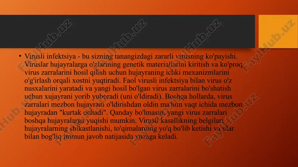 i hayvonlardan o'tkaziladi, u asab tizimiga ta'sir qiladi. belgilar paydo bo'lgandan keyin davolashning muvaffaqiyati deyarli mumkin emas. lossa. ta'sirchi agent birinchi bo'lib 1969 yilda nigeriyada kashf etilgan kalamush tomonidan olib boriladi. ta'sir qilingan buyraklar, asab tizimi, miyokardit va gemorragik sindromga boshlaydi. davolanish qiyin kechadi, isitma yiliga 5000 kishiga etadi. oiv. infektsiyalangan odamning suyuqliklari bilan aloqa orqali o'tkaziladi. davolashsiz 9-11 yil yashash imkoniyati mavjud, uning murakkabligi hujayralarni o'ldiradigan shtammlarning doimiy mutatsiyasiga bog'liq. virusli infektsiya uchun antibiotiklar kasallik davrida immunitet doimo tushkunlikka uchraydi, ba'zan patogenni o'ldirish uchun uni mustahkamlash kerak. ba'zi hollarda, virusli kasallik bo'lsa antibiotiklar qo'shimcha ravishda buyuriladi. bakterial infektsiyani qo'shganda, faqat shu tarzda o'ldirilishi kerak. sof virusli kasallik bilan bu dori-darmonlarni qabul qilish faqatgina vaziyatni yomonlashtirmaydi. virusli kasalliklarning oldini olish emlash ma'lum bir patogenga qarshi samarali bo'ladi. immunitetni mustahkamlash - bu yo'l bilan virusli infektsiyalarning oldini olish chidamliligi , to'g'ri oziqlantirish, o'simlik ekstraktlari bilan qo'llab-quvvatlanishini anglatadi. ta'sirlar - bemor bilan …
