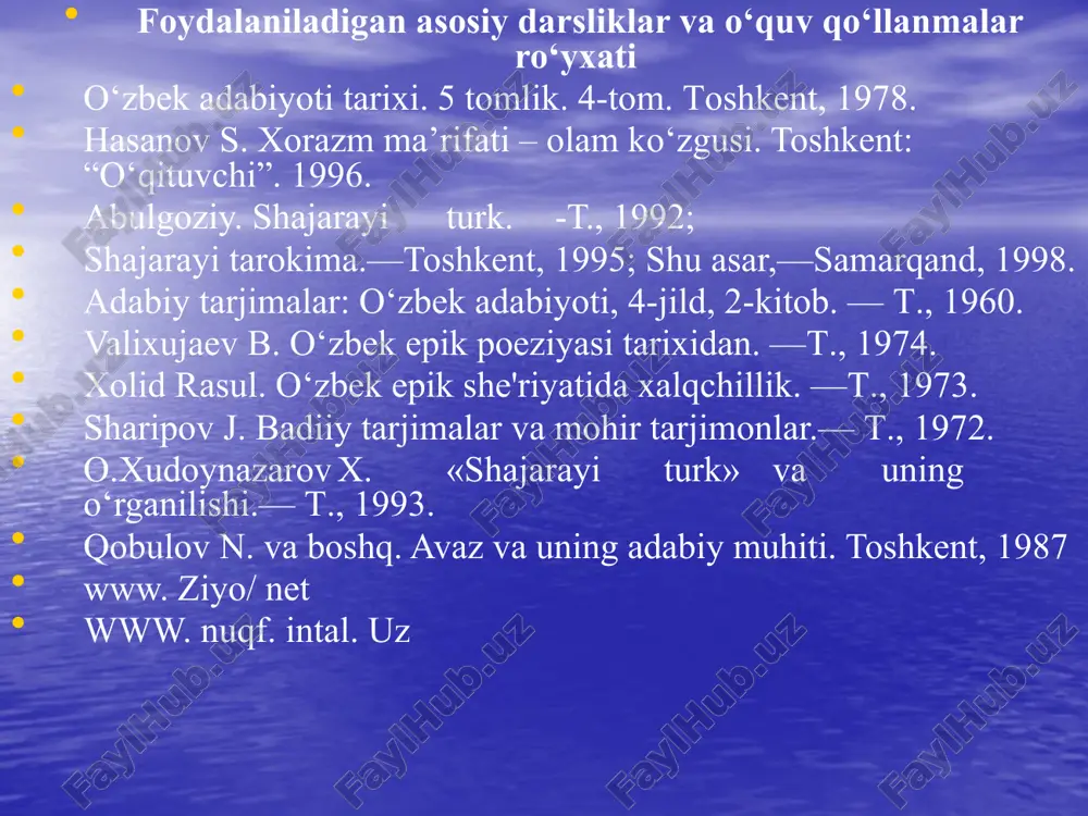 shohsanam", "yusufbek va ahmadbek" kabi dostonlar ham yaratildi. laffasiy hasanmurod qorining "xiva shoir va adabiyotchilarining tarjimai hollari" tazkirasi xiva adabiy muhitini yoritishga xizmat qiluvchi ishonchli manbalardandir. u 1944 yilda yozilib, o‘zfa sharqshunoslik institutida a.murodov tomonidan 1951 yilda ko‘chirilgan nusxasi 9494 - raqam bilan saqlanayotgan bo‘lsada, mohiyatan, xx asr boshlarigacha bo‘lgan xiva adabiy muhitini yoritadi.tazkirada xiva saroy adabiy muhitining keng manzarasi, adiblarning tarjimai hol va sarguzashtlari, an’anaviy nazm namunalari aks ettirilgan. tazkiradan 50 dan ortiq shoirning hayoti, ijodi, o‘zaro munosabatlari, adabiy muhitda tutgan o‘rni, xizmatlari, merosi haqida ma’lumot olish mumkin. mazkur manba ixcham adabiy-qomusiy ma’lumotnoma vazifasini o‘tab keladi. xix asr ii yarmi xorazm adabiy muhitini maxsus yoritishga bag‘ishlangan yagona kitob "avaz va uning adabiy muhiti"dir.kitobning "xix asr oxiri - xx asr boshlarida xorazmda madaniy va adabiy hayot" deb nomlangan birinchi bobi filologiya fanlari nomzodi n.qobulov tomonidan yozilgan bo‘lib, unda mavjud manbalardagi ma’lumotlar umumlashtirilgan, adabiy muhitning umumiy ruhini, ijodkorlarning adabiy qiyofasini yoritishga …
