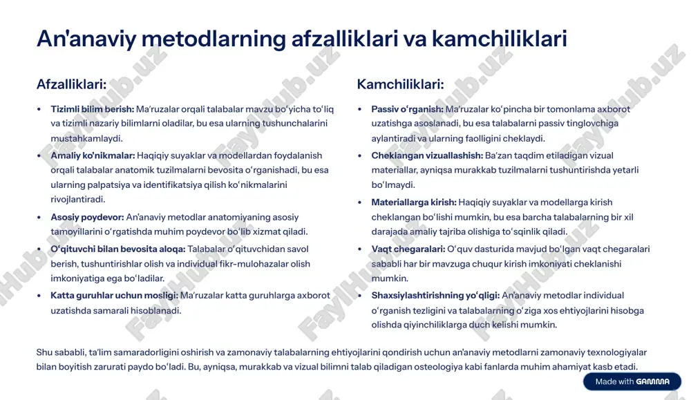 olib kirdi. zamonaviy yondashuvlar an'anaviy usullarning kamchiliklarini bartaraf etishga va o»quv jarayonini yanada interaktiv, vizual va samarali qilishga qaratilgan. 1 virtual va kengaytirilgan reallik (vr/ar) vr va ar texnologiyalari talabalarga inson skeletini virtual muhitda uch o»lchamli tarzda o»rganish imkonini beradi. vr ilovalarida talabalar suyaklarni har tomondan ko»rish, ularni aylanaytirish, kattalashtirish va hatto anatomik belgilarini o»rganishlari mumkin. ar esa real muhitga virtual elementlarni qo»shib, talabalarga mavjud suyak modellarini smartfon yoki planshet orqali skanerlash va ularga qo»shimcha anatomik ma¾lumotlarni joylashtirish imkonini beradi. bu texnologiyalar o»rganishni yanada qiziqarli va interaktiv qiladi. 2 3d modellashtirish va chop etish 3d modellashtirish yordamida har qanday suyakning yuqori aniqlikdagi raqamli modellarini yaratish mumkin. bu modellar o»quv materiallari, virtual laboratoriyalar yoki vr/ar ilovalari uchun asos bo»ladi. 3d chop etish esa talabalarga real suyaklarning aniq nusxalarini, jumladan, murakkab sinishlar yoki deformatsiyalarga ega bo»lgan holatlarni jismoniy shaklda o»rganish imkonini beradi. bu usul haqiqiy suyaklarga kirish imkoniyati cheklangan hollarda ayniqsa foydalidir. …