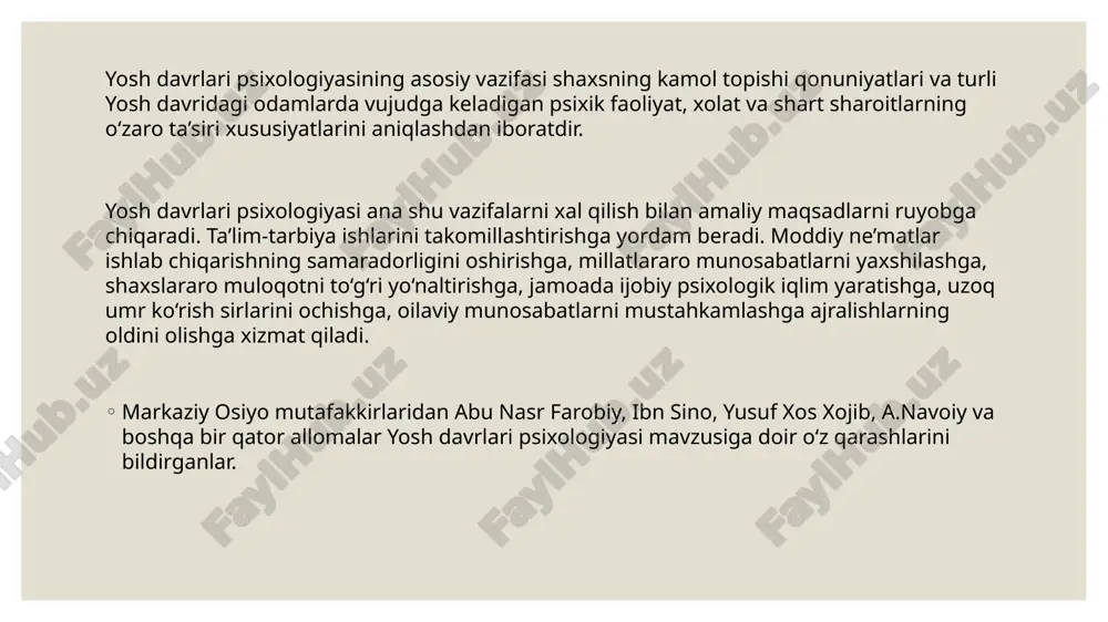 s tadqiqotlarning vujudga kelishi hamda psixologiya biologiya, meditsina, sotsiologiya fanlari bilan hamkorlikda ilmiy tadqiqot ishlari olib borilishi; 6.yuridik psixologiya va uning soxalari ijtimoiy xayotimizda sezilarli o‘rin egallayotganligi hamda yoshlar o‘rtasida qonunbuzarlikning ortib borayotganligi (sud ishi psixologiyasi, kriminal psixologiya, voyaga etmagan qonunbuzarlar muammosi va jinoyatning oldini olish masalasi); amaliy psixologiyaning ijtimoiy siyosiy tus olayotganligi va turmushning xar bir jabhasiga kirib borishi, shuningdek o‘z o‘rnini topayotganligi (psixologik konsultatsiyalar, maslahatlar auto va sotsial treninglar, ishbilarmonlik o‘yinlari, professiogramma, psixodiagnostika va xokozolarga talabning ortishi); 8.psixologiya fani soxalarining inson ontogenezidagi o‘zgarishlariga doir, bilimlarga extiyoji va talabi ortayotganligi (harbiy, sport, savdo, mehnat, kosmik, injenerlik, ijod, aviatsiya) psixologiyaga aniq ma’lumotlarning zarurligi; 9.ekologiya muammolari, zoopsixologiya va etologiya vazifalari, millatlararo munosabatlarni barqarorlashtirish, insonparvarlik g‘oyalarini turmush tarziga olib kirish masalalarining dolzarbligi; 10. moddiy ishlab chiqarishni ko‘paytirish, sanoatda va qishlok xo‘jaligida kishilarning xaqiqiy xo‘jayinlik tuyg‘usini uyg‘otish, aqliy va jismoniy imkoniyatlarni qidirish, ishlab chikarish samaradorligini oshirish, “inson-inson”, “inson-texnika”, “er-inson”, munosabatlarini izchil o‘rganish zarurligi; …