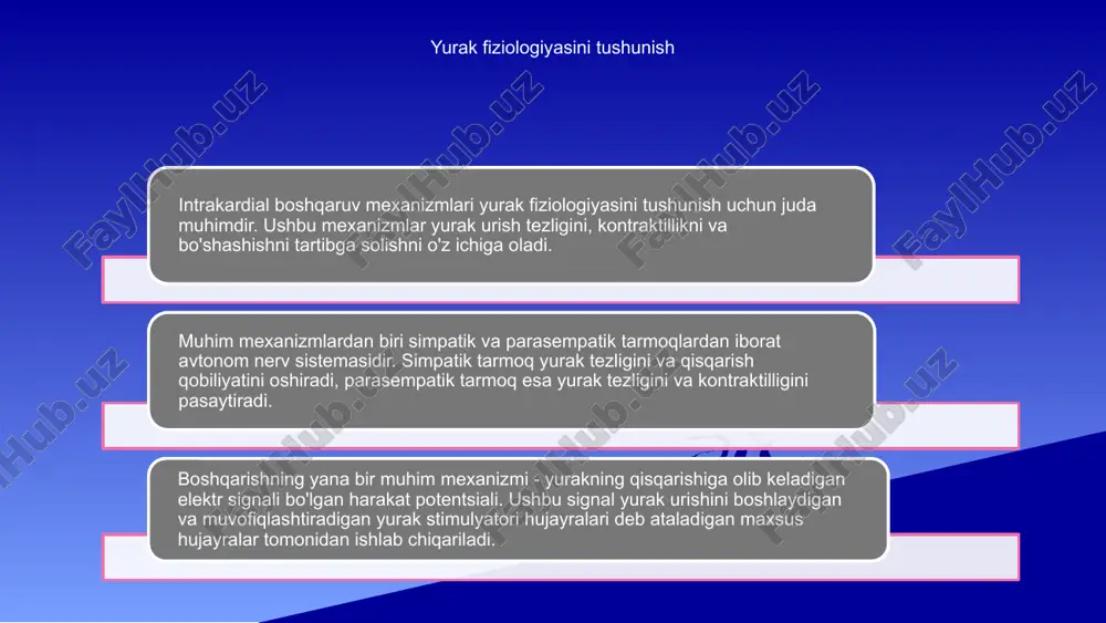 ik asab tizimining yurak faoliyatini tartibga solish parasempatik asab tizimi yurak ichidagi mexanizmlar orqali yurak ustidan nazoratni amalga oshiradi. u atsetilxolinni sinoatriyal va atrioventrikulyar tugunlarga chiqarish orqali yurak tezligi va kontraktiliyasini tartibga soladi. bu yurak urish tezligi va o'tkazuvchanlik tezligining pasayishiga olib keladi, natijada yurak faoliyati sekinlashadi. yurak faoliyatini nazorat qilishda avtonom nerv tizimining roli avtonom nerv sistemasi yurak faoliyatini boshqarishda hal qiluvchi rol o'ynaydi. u ikkita asosiy tarmoqdan - simpatik va parasimpatik tarmoqlardan iborat. bu shoxlar yurak tezligini, o'tkazuvchanligini va qisqarishini tartibga solish uchun qarama-qarshi ishlaydi. yurak funktsiyasini neyrohormonal nazorat qilish boshqarishning intrakardial mexanizmlari neyrohormonlar va yurak o'rtasidagi o'zaro ta'sir orqali yurak faoliyatini tartibga solishni o'z ichiga oladi. neyrohormonal nazorat yurak chiqishi va qon tomir qarshiligi muvozanatini saqlashda hal qiluvchi rol o'ynaydi. muhim neyrohormonal yo'llardan biri renin-angiotensin-aldosteron tizimi bo'lib, qon hajmini va tomir tonusini tartibga soladi. ushbu yo'lning faollashishi yurak qisqarishi va vazokonstriksiyaning kuchayishiga olib kelishi mumkin, bu esa …
