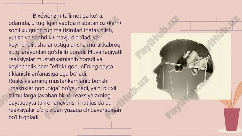 viorizm g'oyalarini rivojlantirishga katta hissa qo'shgan juda ko'p odamlar paydo bo'ldi. eng biri taniqli vakillari- amerikalik psixolog va pedagog edvard torndik, sinov va xato asosida shakllangan psixologiyaga “operant xulq-atvor” atamasini kiritgan. aqlning tabiati assotsiativ reaktsiyalar ekanligini tomas xobbs e'lon qilgan. hayvonning atrof-muhit sharoitlariga moslashishi haqiqati aqliy rivojlanish, deb ta'kidladi boshqa faylasuf gerbert spenser. ammo faqat torndik aqlning mohiyatini ongga murojaat qilmasdan ochish mumkinligini aniqlay oldi. uotsondan farqli o'laroq, torndik boshlang'ich nuqta shaxsni harakatga keltiradigan tashqi impuls emas, balki tashqi muhit sharoitlariga moslashish va shunga mos ravishda xatti-harakatlarni shakllantirishni talab qiladigan muammoli vaziyat deb hisobladi. klassik bixeviorizm pedagogikada o‘z izdoshlarini topdi. uzoq vaqt maktab taʼlimi “ragʻbatlantirish” va “jazolash” tamoyillariga asoslangan edi. baholash usuli xulq-atvor yondashuviga misol bo'lib, uning maqsadi yuqori ball keyingi o'rganish istagini kuchaytirishi kerak, past baho esa "ta'na" yoki jazo sifatida xizmat qilishi kerak, buning natijasida duch kelganda. e'tiborsizlikning noxush oqibatlari bilan, talaba yaxshilanishni xohlashi kerak. xulq-atvor pedagogikasi gumanistlar …