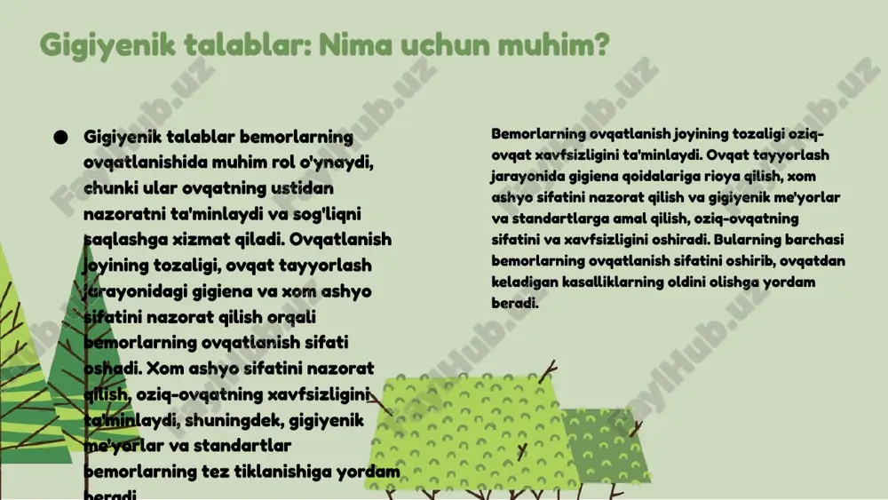 uchun, 2020 yilda o'zbekistonda oziq-ovqat bilan bog'liq kasalliklar 25% ga oshdi, bu esa sanitariya qoidalariga rioya etmaslikning natijasidir. oziq-ovqat zanjirida xavflar, masalan, noto'g'ri saqlangan go'sht yoki past sifatli sabzavotlar, iste'molchilarni zararli ta'sirlaridan himoya qilish uchun muhimdir. har yili dunyo bo'ylab 600 milliondan ortiq odam oziq-ovqat bilan bog'liq kasalliklarga duch keladi, bu esa oziq-ovqat xavfsizligi muammolarining dolzarbligini ko'rsatadi. ovqatlanish jarayonida sifat nazorati ovqat tayyorlash jarayonida sifat nazorati oziq-ovqat xavfsizligini ta'minlashda muhim ahamiyatga ega. bu jarayon sanitariya va gigiena talablarini bajarish, shuningdek, sifat standartlariga rioya qilishni o'z ichiga oladi. sanitariya jarayonlari, masalan, xom ashyo sifatini nazorat qilish, oshxona muhitining tozaligi va ovqatni tayyorlash jarayonida gigiena qoidalarini saqlashni talab qiladi. bemorlar uchun oziq-ovqat tayyorlashda, masalan, xom ashyolarni to'g'ri saqlash va tayyorlash jarayonida haroratni nazorat qilish zarur. shuningdek, oziq-ovqat xavfsizligi bo'yicha standartlarga rioya qilish, infektsiyalarning tarqalishini oldini olishda muhim rol o'ynaydi. masalan, oshxonada sterilizatsiya qilish va tozalash jarayonlarini amalga oshirish bemorlarning sog'lig'ini himoya qiladi. …