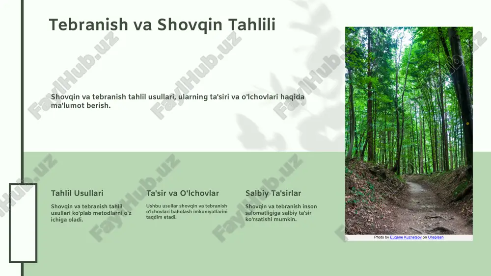 o'rsatishi mumkin. ta'sirlar photo by eugene kuznetsov on unsplash 04.26.24 04.26.24 ishchilarning salomatligini saqlash shovqin va tebranishli muhitda ishchilarni himoya qilish usullari. shovqin va tebranishli muhitda ishchilarni himoya qilish uchun bir necha samarali strategiyalar mavjud. birinchidan, shovqinni kamaytirish uchun ovoz qoplamalarini o'rnatish va ish joylarida ovoz monitoringini o'tkazish muhimdir. ikkinchidan, ishchilarga shovqin va tebranishning salomatlikka ta'siri haqida muntazam o'qitish kerak. masalan, shovqin darajasi yuqori bo'lgan joylarda maxsus quloq qopqog'ini taqdim etish va ishchilarni ularni qanday to'g'ri ishlatishni o'rgatish zarur. bunday chora-tadbirlar ishchilarning salomatligini saqlash va xavfsiz ish muhitini yaratishga yordam beradi. 04.26.24 ishchilar salomatligi uchun normativlar shovqin va tebranish uchun belgilangan normativlar, ishchilarning salomatligini saqlash va mehnat muhofazasini ta'minlash maqsadida ishlab chiqilgan. ushbu normativlar, shovqin darajalari va tebranishga ta'sir ko'rsatadigan omillarni nazorat qilishni o'z ichiga oladi. mehnat muhofazasi qonunlari mehnat muhofazasi qonunlari, ish joyida shovqinni kamaytirish bo'yicha talablarni belgilaydi. bu qonunlar, ish beruvchilar uchun shovqin darajasini belgilangan normativlarga moslashtirishni va …