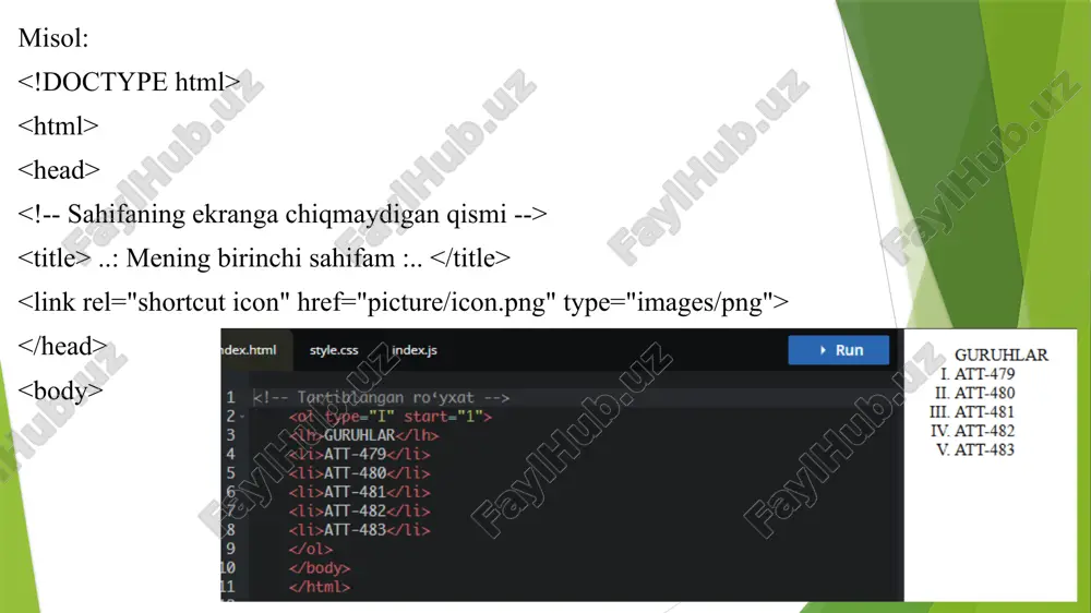 nki buning uchun butun bir teglar ketma-ketligi tuziladi. va teglar jadvalini butunligicha oʻz ichiga oladi. maʼlumot chiqarilishini boshqa bir teglar ketma-ketligi aniqlaydi. quyida jadvalning hamma teglari ifoda qilingan: , bu teglar jadvalni egallaydi. image1.png image2.png image3.png image4.png image5.png image6.png /docprops/thumbnail.jpeg