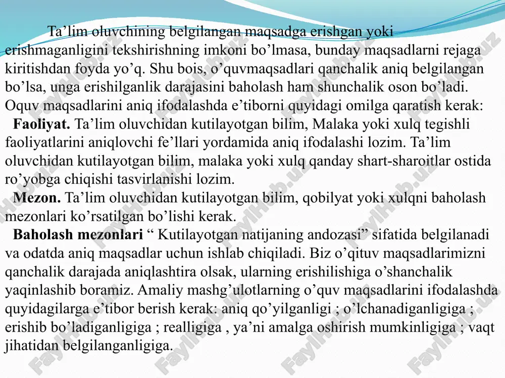 sh uchun oʻquvchilar uchun aniq oʻquv faoliyatlari rejalashtirilishi kerak. faoliyatlarni tanlash oʻquv faoliyatlari oʻquv maqsadlariga mos kelishi va oʻquvchilarning qiziqishlarini hisobga olishi kerak. faoliyatlarni amalga oshirish oʻquv faoliyatlari oʻquvchilarga oʻz bilimlarini qoʻllash va koʻnikmalarini rivojlantirish imkonini beradi. 11 oʻquv maqsadlariga erishish yoʻllari: resurslar, vaqt, masʼuliyatlar resurslar oʻquv maqsadlariga erishish uchun oʻquvchilarga zarur resurslar taqdim etilishi kerak. vaqt oʻquv maqsadlariga erishish uchun oʻquvchilarga etarli vaqt berilishi kerak. masʼuliyatlar oʻquv maqsadlariga erishish uchun oʻquvchilar oʻz masʼuliyatlarini anglab etishlari kerak. 12 oʻquv maqsadlarini baholash: natijalarni monitoring qilish. natijalarni kuzatish oʻquv maqsadlariga erishish darajasini kuzatish oʻquv jarayonini baholashga yordam beradi. oʻquvchilarning fikrlarini olish oʻquvchilarning fikrlari va takliflari oʻquv jarayonini yaxshilashga yordam beradi. 13 xulosa va tavsiyalar 1 oʻquv maqsadlari muhim oʻquv maqsadlari oʻquv jarayonining muhim tarkibiy qismi hisoblanadi. 2 yaxshi rejalar oʻquv maqsadlari va oʻquv jarayonini rejalashtirish muvaffaqiyatga erishishning kalitidir. 3 natijalarni baholash natijalarni muntazam ravishda baholash va oʻquv jarayonini yaxshilash muhimdir. 14 o'quv …