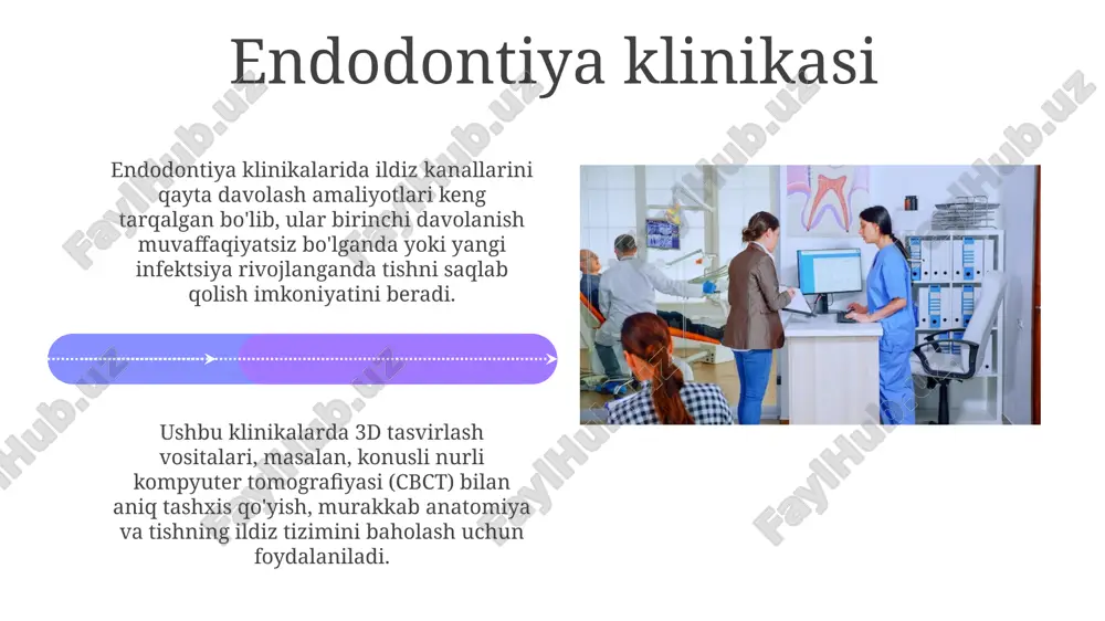iya klinikasi ortodontiya klinikalarida diagnostika uchun rentgen nurlari, sefalometrik analizlar va 3d skanerlash kabi zamonaviy texnologiyalar qo'llaniladi, natijada davolash rejasi aniq tuziladi. ushbu klinikalar maloklyuziya (tishlarning noto'g'ri joylashishi) ning 1, 2 va 3-darajalarini davolashga ixtisoslashgan bo'lib, jarrohlik aralashuvlar ham ko'rib chiqiladi. ixtisoslashgan tish klinikasi ixtisoslashgan tish klinikasi, masalan, ortodontiya markazi faqat tishlarni to'g'rilash va jag' anomaliyalarini 18 yoshgacha bo'lgan bemorlarga davolashga qaratilgan bo'lishi mumkin. ba'zi ixtisoslashgan klinikalar implantatsiya bo'yicha 95% muvaffaqiyat darajasiga erishish uchun zamonaviy 3d tomografiya va cad/cam texnologiyalaridan foydalangan holda faqat implantatsiya bilan shug'ullanadi. e'tiboringiz uchun rahmat @taqdimot_robot image5.jpg image6.jpg image7.jpg image8.jpg image9.jpg image10.jpg image11.jpg image12.jpg image13.jpg image14.jpg image15.jpg image16.jpg image17.jpg image18.jpg image19.jpg image20.jpg image21.jpg image1.jpeg image2.jpeg image3.jpeg