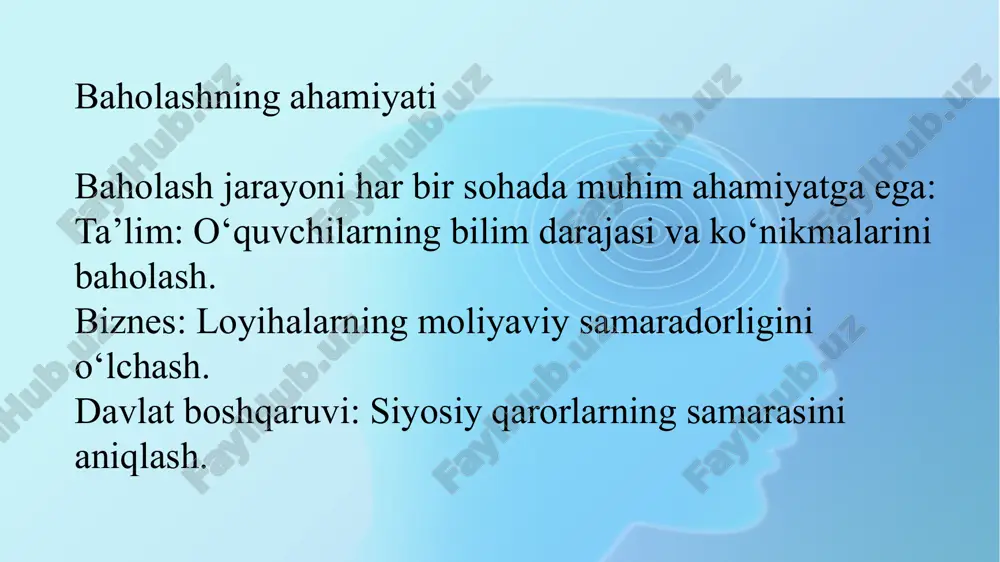 rini qasddan noto‘g‘ri talqin qilish. tashkilot ichidagi muloqotning yetarli darajada yo‘lga qo‘yilmasligi. natijalarni noto‘g‘ri qo‘llash oqibatlari resurslarning isrof qilinishi. strategik maqsadlarga erishmaslik. ishchilar motivatsiyasining pasayishi. misol: notekis baholash natijasida xodimlarga noto‘g‘ri mukofot taqsimoti. natijalarni monitoring qilish va nazorat qilish baholash natijalarini doimiy nazorat qilish samaradorlikni oshiradi: muntazam tahlil. natijalarga mos keladigan rejalashtirish. monitoring natijalariga asoslangan yangilanishlar kiritish. e’tiboringiz uchun rahmat image1.png image2.jpg image3.jpg image4.jpg image5.jpg image6.jpg image7.jpg image8.jpg image9.jpg image10.jpg image11.jpg /docprops/thumbnail.jpeg
