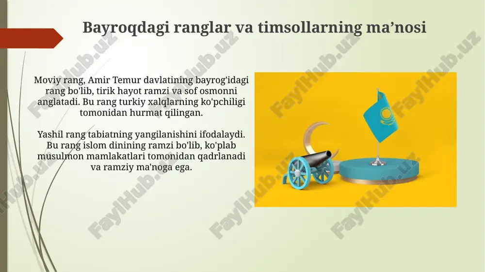 bekiston respublikasining konstitutsiyasi 1992-yil 8-dekabrda qabul qilingan boʻlib, davlat ramzlari – bayroq, gerb va madhiya uning 5-bobi, 6-7-moddalarida huquqiy asoslangan. oʻzbekiston davlat bayrogʻi 1991-yil 18-noyabrda tasdiqlangan boʻlib, undagi moviy rang – tiriklik ramzi, oq rang – tinchlik ifodasi, yashil rang – tabiat va yangilanishni anglatadi, 12 yulduz esa 12 viloyatdir. madhiya matni va musiqasining tahlili madhiya matni 2 banddan iborat boʻlib, 6 qatordan tashkil topgan. birinchi band vatan madhiga, ikkinchi band xalqning kelajakka ishonchiga bagʻishlangan, har biri 120 ta soʻzdan iborat. musiqa oʻlchovi 4/4, asosiy tonalligi c majorda. ohang diapazoni bir yarim oktavani qamrab oladi, notalarning 85% tebranma harakatda boʻlib, oʻziga xos milliy ruh beradi. oʻzbekiston madhiyasi: yaratilish jarayoni va ahamiyati oʻzbekiston madhiyasi 1992-yil 10-dekabrda qabul qilingan boʻlib, matni shoir abdulla oripov tomonidan yozilgan, musiqasi esa mutal burhonov tomonidan yaratilgan. madhiya yaratilishida davlat ramzlari tanlovi boʻyicha komissiya tuzilgan, unda taniqli adiblar, kompozitorlar va jamoat arboblari ishtirok etgan. e'tiboringiz uchun rahmat …