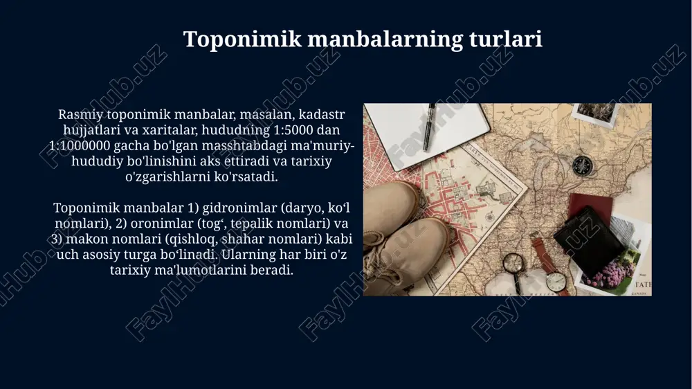davomida yashab kelgan etnik guruhlarning mavjudligini ochib beradi. topografik ma'lumotlarning tarixiy rekonstruksiyada qo'llanilishi geologik tuzilmalar, masalan, tektonik plitalarning harakati va daryo o'zanlarining siljishi, mintaqaning 500 yillik landshaft evolyutsiyasini aniqlash uchun tahlil qilinishi mumkin. eski xaritalardagi balandlik ko'rsatkichlari (masalan, 1:50,000 shkalada) o'rta asr qal'alarining joylashish strategiyasini va ularning geografik afzalliklarini ochib beradi. kirish topografik ma'lumotlar kirish hududida bir nechta daryolar kesishishi aks etadi, bu esa uni transport va savdo uchun strategik 15-asrning oxirida o'ta muhim qildi. kirish hududining tarixini o'rganishda, topografik xaritalar uning tabiiy chegaralarini, masalan, o'rmonlar va tepaliklar va boshqa manbalar aniqlashda yordam beradi. xulosa xulosa nomidagi joylar, ehtimol, 19-asr oxiri va 20-asr boshlarida qishloq xo'jaligi islohotlari yoki yangi yerlarni o'zlashtirish bilan bog'liq bo'lgan xo'jaliklarni aks ettiradi. toponimning o'zi "xulosa" so'zidan kelib chiqqan bo'lib, bu so'z ma'lum bir natijaga erishish uchun qilingan harakat yoki ishni, 1930-yillardagi kollektivlashtirishni anglatishi mumkin. e'tiboringiz uchun rahmat @taqdimot_robot image6.jpg image7.jpg image8.jpg image9.jpg image10.jpg image11.jpg image12.jpg …