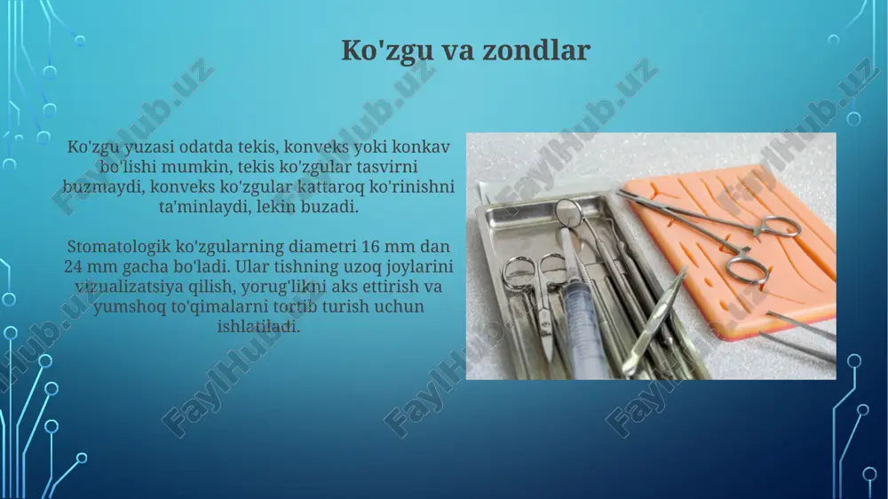 olib tashlash va joylashtirish uchun ishlatiladi, masalan, paxta valiklari yoki matritsalarni. ularning ko'plab turlari mavjud, shu jumladan tish anatomiyasiga moslashgan. tsement spatulasi va aralashtirish plastinkasi aralashtirish plastinkasi, odatda, 2-3 mm qalinlikdagi shisha yoki keramikadan yasaladi, tsementni toza va silliq sirtda aralashtirish imkoniyatini beradi. spatulaning o'lchami (odatda 15-20 sm) va plastinkaning hajmi (taxminan 10x15 sm) ishlatiladigan tsementning miqdoriga mos ravishda tanlanishi kerak. e'tiboringiz uchun rahmat @taqdimot_robot image4.jpg image5.jpg image6.jpg image7.jpg image8.jpg image9.jpg image10.jpg image11.jpg image12.jpg image13.jpg image14.jpg image15.jpg image16.jpg image17.jpg image18.jpg image1.png
