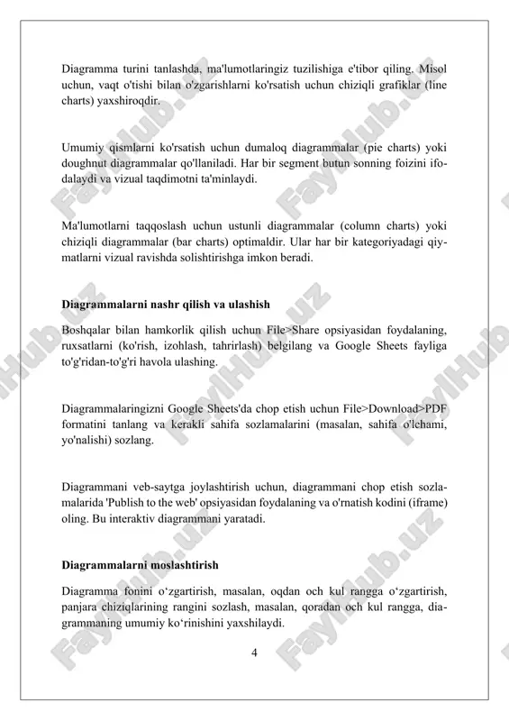 iagrammalar va chiziqli grafiklar, 2 yoki undan ortiq ma’lumotlar to‘plamini solishtirish, o'zgarishlarni kuzatish va eng yuqori ko'rsatkichlarni aniqlash imkonini beradi. google sheets'dagi interaktiv diagrammalar 3d effektlar va animatsiyalar orqali auditoriyaning diqqatini jalb qilib, ma'lumotlarning tushunarli bo'lishiga 25-30% hissa qo'shadi. xulosa ma'lumotlarni tahlil qilishda turli xil diagrammalarni (masalan, ustunli, doiraviy va chiziqli) ishlatish orqali 5 soniya ichida foydalanuvchilar tendentsiyalarni tezda aniqlashlari mumkin. xulosaga ko'ra, google sheets-da sozlanishi mumkin bo'lgan 3 o'lchovli diagrammalar va ranglar palitrasi mavjud bo'lib, ular 90% dan ortiq hollarda auditoriya tushunishini oshiradi. xulosa shuni ko'rsatadiki, google sheets diagrammalari ma'lumotlarni vizuallashtirish uchun 10 dan ortiq turli xil grafik imkoniyatlarini taqdim etadi va taqdimotni yaxshilashga yordam beradi. ma'lumotlarni tayyorlash ma'lumotlarni tozalashda xatoliklarni tuzatish, dublikatlarni o'chirish va nomuvofiqliklarni bartaraf etish kabi qadamlar muhimdir, sifatli grafiklar yaratish uchun. ma'lumotlarni guruhlash grafiklar yaratishda ma'lumotlarni tushunish va taqdim etish uchun zarurdir. misol uchun, savdo ma'lumotlarini mahsulot turi bo'yicha guruhlash mumkin. formatlash ma'lumotlarni analiz qilish …