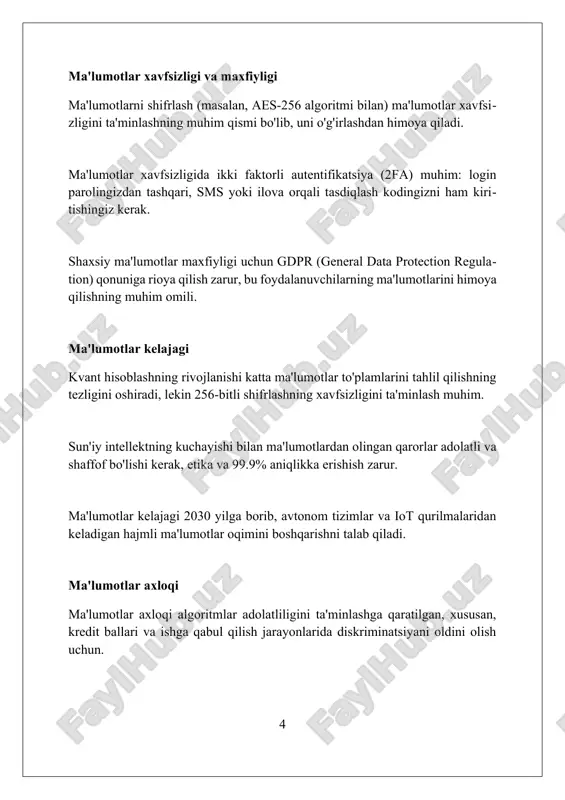 igi va ishonchliligini tekshirishni o'z ichiga oladi. sifat nazorati uchun o'lchov mezonlari, masalan, 99.9% aniqlik darajasi, xatoliklar monitoringi va ularni tuzatish protokollari ishlab chiqiladi hamda doimiy ravishda takomillashtiriladi. ma'lumotlarni baholashda statistika usullari, masalan, standart og'ish va o'rtacha qiymatlar tahlili, ma'lumotlar to'plamlaridagi nomuvofiqliklar va anomaliyalarni aniqlash uchun qo'llaniladi. ma'lumotlarni vizualizatsiya qilish interaktiv dashbordlar (masalan, power bi orqali) foydalanuvchilarga ma'lumotlarni turli burchaklardan ko'rishga imkon beradi, bu esa 2.0 versiyada real vaqtda vizuallashtirishni osonlashtiradi. ma'lumotlarni vizuallashtirishda ranglar sxemasi va diagramma turi muhim ahamiyatga ega; xato xabarlarni minimallashtirish uchun mos uslubni tanlash, 3d grafiklardan saqlanish afzaldir. ma'lumotlarni vizualizatsiya qilish, masalan, gistogrammalar va scatter plotlar, katta hajmdagi raqamli ma'lumotlarni tushunish va analiz qilish uchun muhim vositadir, xususan trendlarni ko'rish uchun. ma'lumotlar madaniyatini rivojlantirish data madaniyatini rivojlantirish, biznes analitikasi ko'nikmalarini 90 kun ichida o'rgatish orqali, strategik qarorlar uchun aniq tushunchalarni ta'minlaydi. ma'lumotlar madaniyati 20% samaradorlikni oshirish uchun har bir jamoa uchun ma'lumotlarga asoslangan loyihalarni qo'llab-quvvatlaydi va …