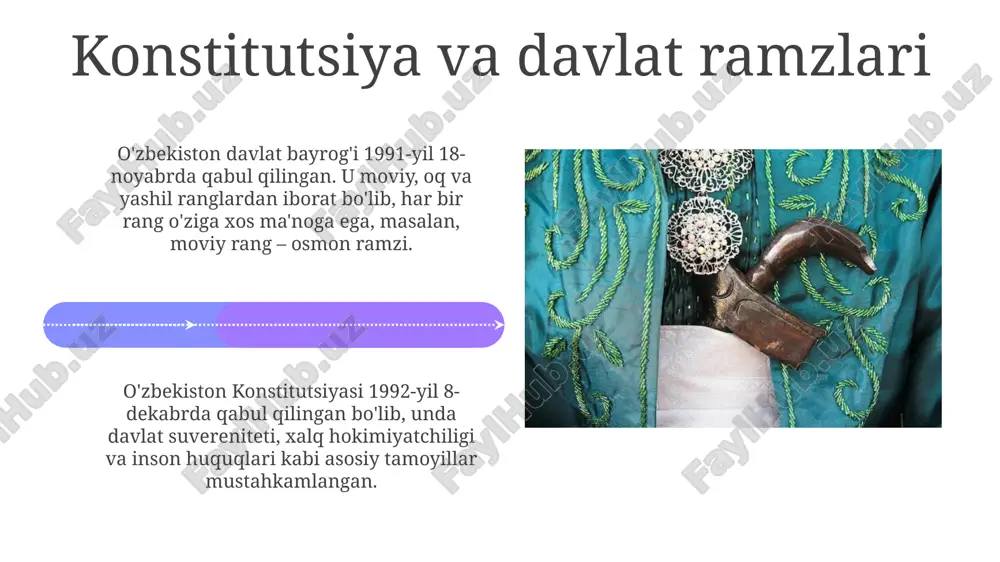 gustda oʻzbekiston oliy kengashi "oʻzbekiston respublikasining davlat mustaqilligi toʻgʻrisida"gi tarixiy deklaratsiyani qabul qilib, yangi davrga qadam qoʻydi. mustaqillik eʼlon qilinishi bilan oʻzbekiston bmtga aʼzo boʻldi, oʻz konstitutsiyasini qabul qildi va milliy valyuta – soʻmni muomalaga kiritib, suveren davlat sifatida shakllandi. yangi oʻzbekistonning kelajak istiqbollari "yangi oʻzbekiston"ning 2030 yilgacha boʻlgan strategiyasida har yili kamida 7% iqtisodiy oʻsishga erishish va xalqaro investitsiyalarni jalb qilish orqali raqobatbardosh iqtisodiyot yaratish ko'zda tutilgan. davlat xizmatlari ko'rsatishni raqamlashtirish, "xavfsiz shahar" konsepsiyasini kengaytirish va korrupsiyaga qarshi kurashish orqali yangi o'zbekiston barqaror va xavfsiz jamiyat qurish yo'lida qat'iy qadamlar tashlamoqda. xonliklar oʻrtasidagi munosabatlar va nizolar xonliklar oʻrtasidagi oʻzaro munosabatlar asosan savdo yoʻllari nazorati uchun boʻlgan raqobat bilan belgilanar edi, ayniqsa amudaryo daryosi boʻylab. xviii asrda qoʻqon xonligi buxoro amirligiga qarshi bir necha harbiy yurishlar uyushtirdi. bu yurishlar ikki davlat oʻrtasida keskin siyosiy ziddiyatlarni keltirib chiqardi. e'tiboringiz uchun rahmat @taqdimot_robot image5.jpg image6.jpg image7.jpg image8.jpg image9.jpg image10.jpg image11.jpg image12.jpg image13.jpg …