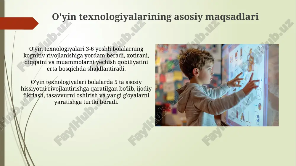 oy ichida bolalarning muammolarni hal qilish qobiliyatini 25% ga yaxshilaydi, bu juda foydali natijadir. tadqiqot natijalari shuni ko'rsatadiki, o'yin texnologiyalari orqali ta'lim 4-5 yoshli bolalarning o'zlashtirish darajasini o'rtacha 30% ga oshiradi, bu esa muhim ko'rsatkichdir. o'yin texnologiyalarining afzalliklari o'yin texnologiyalari erta yoshdagi bolalarda ijtimoiy-emotsional rivojlanishni rag'batlantiradi, hamkorlik, almashish va muammolarni birgalikda hal qilish kabi ko'nikmalarni shakllantiradi, bu esa kelajakdagi muvaffaqiyat uchun muhimdir. o'yin texnologiyalari 3-4 yoshli bolalarga raqamli savodxonlikni o'rgatish uchun vosita bo'lib xizmat qiladi, ular dasturlarni navigatsiya qilish, interfeyslar bilan ishlash va texnologik vositalardan samarali foydalanishni o'rganadilar. nutq va kommunikatsiya rivojlanish maqsadlari o'yin texnologiyalari 3-5 yoshdagi bolalarda 500 dan ortiq so'zdan iborat faol lug'atni rivojlantirish, oddiy gaplar tuzish qobiliyatini oshirishga qaratilgan. o'yin texnologiyalari orqali bolalar 8-10 daqiqa davomida dialogda ishtirok etish, hikoyalarni qayta aytib berish, 60% hollarda muloqotda savodxonlik elementlarini qo'llashni o'rganadilar. e'tiboringiz uchun rahmat @taqdimot_robot image2.jpg image3.jpg image4.jpg image5.jpg image6.jpg image7.jpg image8.jpg image9.jpg image10.jpg image11.jpg image12.jpg image13.jpg image14.jpg …