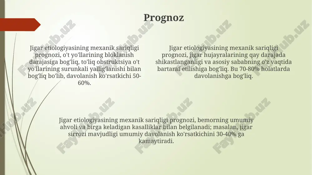 totsellyar sariqlikda alt va ast darajalari sezilarli darajada oshadi, odatda 500 iu/l dan yuqori, bu esa jigar hujayralarining shikastlanishini ko'rsatadi. xolestatik sariqlikda ishqoriy fosfataza (alp) va ggtp darajalari ko'tariladi, ammo alt va ast darajalari unchalik oshmaydi, bu o't yo'llarining obstruktsiyasini ko'rsatadi. gilbert sindromida bilirubin darajasi biroz oshgan, ammo alt, ast, alp va ggtp darajalari normal bo'ladi, bu jigar fermentlarining normal ishlashini ko'rsatadi. etiologiya va sabablari jigar sirrozi, surunkali jigar kasalligi tufayli, jigar tuzilishining buzilishi, qon tomirlarining siqilishi va natijada bilirubinning to'planishiga olib keladi. jigar ichidagi o't yo'llarining obstruktsiyasi, masalan, xolangit yoki birlamchi biliyer siroz, safro oqimini buzib, bilirubinning ortiqcha miqdorini keltirib chiqaradi. jigar parenximasining shikastlanishi, gepato-karsinoma kabi malign o'smalar, gepatotsitlar funktsiyasini buzib, bilirubinni metabolizatsiya qilish qobiliyatini pasaytiradi. e'tiboringiz uchun rahmat @taqdimot_robot