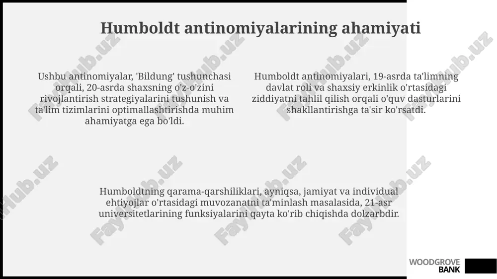 woodgrove bank erkinlik va majburiyat antinomiyasi "erkinlik va majburiyat antinomiyasi"da, shaxsiy xohish-istaklar 100% erkinligi va ijtimoiy majburiyatlar o'rtasida keskin ziddiyat mavjud, bu esa jamiyatda tartibni saqlash muammosini keltirib chiqaradi. gumboldtning ta'kidlashicha, "erkinlik va majburiyat" ziddiyatini hal qilishning optimal yo'li – 60% shaxsiy erkinlikni ta'minlash va qolgan 40% majburiyatlar orqali ijtimoiy tartibni mustahkamlashdir. gumboldt fikricha, har bir insonning 90% erkinlikka intilishi uning shaxsiy rivojlanishini ta'minlaydi, ammo bu intilish boshqa odamlarning huquqlariga ziyon yetkazmasligi uchun cheklanishi kerak. woodgrove bank ta'lim va davlat antinomiyasi ushbu antinomiyada davlat ta'lim standartlarini o'rnatishi va moliyalashtirishi mumkin, lekin u 1-darajali erkin fikrlash va individuallikni bo'g'masligi juda muhim deb hisoblanadi. ta'lim va davlat antinomiyasi, birinchi navbatda, davlatning ta'lim tizimini 100% nazorat qilishga intilishi va shaxsning erkin rivojlanishi o'rtasidagi ziddiyatni anglatadi. gumboldt ta'limda davlat aralashuvini cheklashni taklif qildi, chunki davlat manfaatlari (masalan, harbiy qudrat) 2-darajali bo'lib, bilim erkin izlanishiga xalaqit berishi mumkin. woodgrove bank e'tiboringiz uchun rahmat @taqdimot_robot woodgrove …