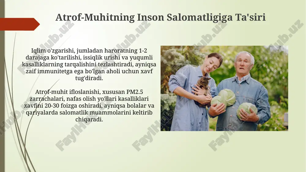 -muhitga salbiy ta'sirini sezilarli darajada kamaytirish mumkin. chiqindilarni boshqarish va qayta ishlash chiqindilarni boshqarish tizimlari 3r tamoyiliga asoslanadi: qisqartirish (kamaytirish), qayta ishlatish (qayta foydalanish) va qayta ishlash (recycle) atrof-muhitga ta'sirni kamaytirish uchun. o'zbekistonda chiqindilarni qayta ishlash darajasi 2023-yilda taxminan 25% ni tashkil etadi. hukumat 2026-yilga kelib bu ko'rsatkichni 40% ga yetkazishni maqsad qilgan. barqaror turmush tarzi barqaror turmush tarzi 2030 yilgacha kamida 40% chiqindilarni qayta ishlashni rag'batlantirib, resurslardan oqilona foydalanishni targ'ib qiladi va chiqindilarni kamaytirishga yo'naltirilgan. ekologik izimizni kamaytirish uchun suvni tejash juda muhim; har bir kishi yiliga kamida 15% kamroq suv sarflashga intilishi kerak, shuningdek, suv tozalash inshootlariga investitsiya kiritish lozim. e'tiboringiz uchun rahmat @taqdimot_robot image2.jpg image3.jpg image4.jpg image5.jpg image6.jpg image7.jpg image8.jpg image9.jpg image10.jpg image11.jpg image12.jpg image13.jpg image14.jpg image15.jpg image16.jpg image17.jpg image18.jpg
