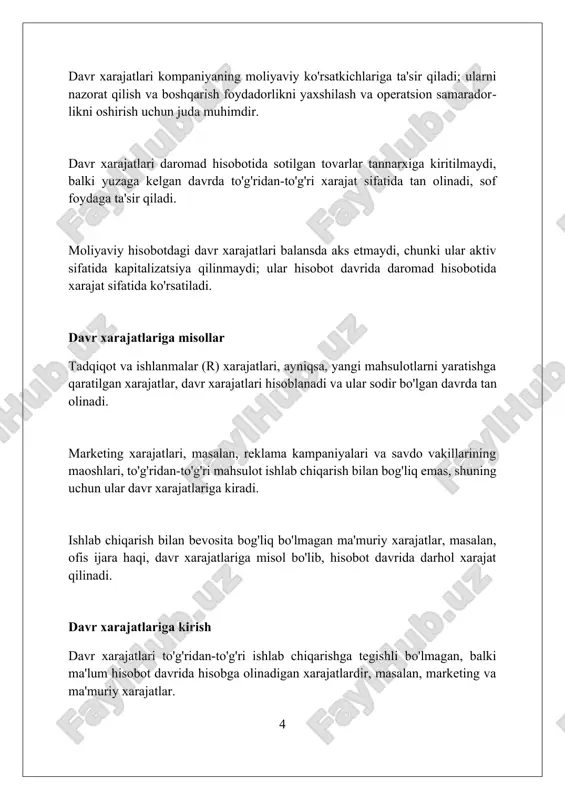 oliyaviy faoliyatiga ta'sirini o'rganish orqali rentabellikni baholashga yordam beradi. davr xarajatlarini hisoblash usullari to'g'ridan-to'g'ri xarajatlash usuli davr xarajatlarini sotilgan mahsulot tannarxiga bevosita bog'laydi, bu esa xarajatlarni aniq taqsimlash imkonini beradi. bosqichma-bosqich xarajatlash usuli davr xarajatlarini muayyan bosqichlar yoki departamentlarga ajratadi va ularning rentabelligini baholashga yordam beradi. funktsional xarajatlash usuli davr xarajatlarini marketing, ma'muriy boshqaruv va tadqiqot kabi funktsiyalarga taqsimlaydi, bu esa resurslarni optimallashtirishga olib keladi. davr xarajatlarini optimallashtirish tashqi xizmatlar xarajatlarini kamaytirish maqsadida 25% gacha xodimlarni qayta tayyorlash va ichki resurslardan foydalanish davr xarajatlarini optimallashtiradi. davr xarajatlarini optimallashtirish, sotuv va marketing samaradorligini oshirish uchun 15% gacha byudjetni qayta taqsimlashni o'z ichiga olishi mumkin. ma'muriy xarajatlarni 10% ga kamaytirish uchun markazlashtirilgan operatsiyalar va avtomatlashtirishga sarmoya kiritish orqali davr xarajatlari optimallashtiriladi. davr xarajatlari va mahsulot xarajatlari o'rtasidagi farq mahsulot xarajatlari inventar qiymatini aniqlash uchun ishlatiladi, davr xarajatlari esa bu maqsadga xizmat qilmaydi va ularning ta'siri daromad hisobotida bir zumda seziladi. mahsulot xarajatlari …