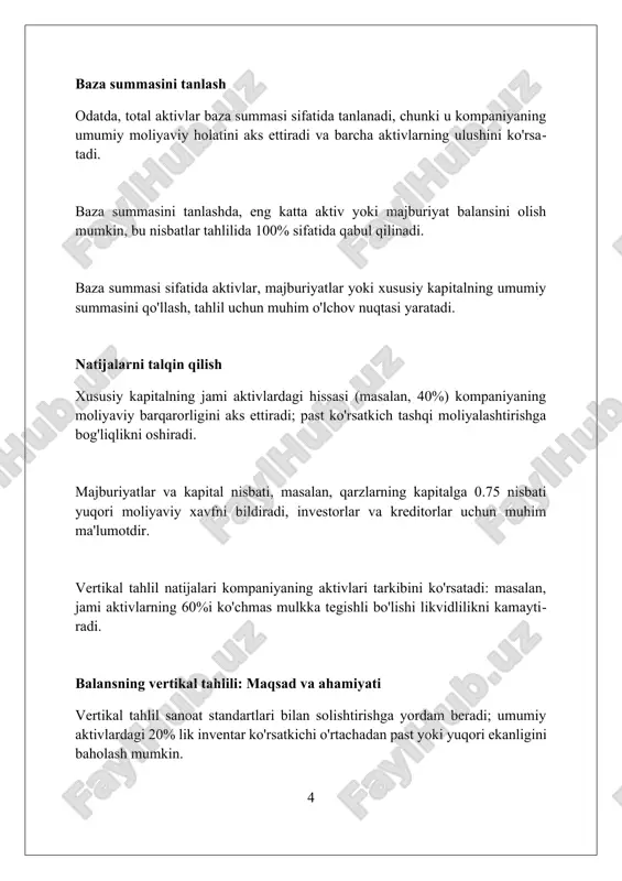 5% bo'lishi mumkin. xususiy kapitalning vertikal tahlili vertikal tahlil tashkilotning moliyaviy tuzilmasini baholashga yordam beradi, xususan, unda jamg'arilgan foydaning 15% umumiy aktivlar tarkibida qanchalik muhimligini aniqlash imkonini beradi. ushbu tahlil investorlar va kreditorlarga kompaniyaning moliyaviy barqarorligini baholashga imkon beradi, xususan, ustav fondining 30% dan kam bo'lishi xavfli holat ekanligini aniqlashga yordam beradi. xususiy kapitalning vertikal tahlili har bir kapital elementining umumiy aktivlardagi ulushini ko'rsatadi, masalan, ustav kapitalining umumiy aktivlarga nisbatan 25% ekanligini aniqlash. vertikal tahlil qanday amalga oshiriladi? vertikal tahlil balansdagi har bir aktiv va majburiyatni umumiy aktivlarga nisbatan foiz sifatida ifodalaydi, bu esa ulushini aniq ko'rsatadi. vertikal tahlil, balansdagi 2023-yil va 2024-yil ko'rsatkichlari o'rtasidagi o'zgarishlarni foizlarda taqqoslab, tendensiyalarni aniqlashga yordam beradi. aktivlar, majburiyatlar va kapitalning har bir elementi balansning umumiy qiymatiga nisbatan aniqlanadi, masalan, jami aktivlar 100% deb olinadi. aktivlarning vertikal tahlili aktivlarning vertikal tahlili balansdagi har bir aktivni umumiy aktivlar qiymatiga nisbatan foiz sifatida ifodalaydi, bu esa aktivlar …