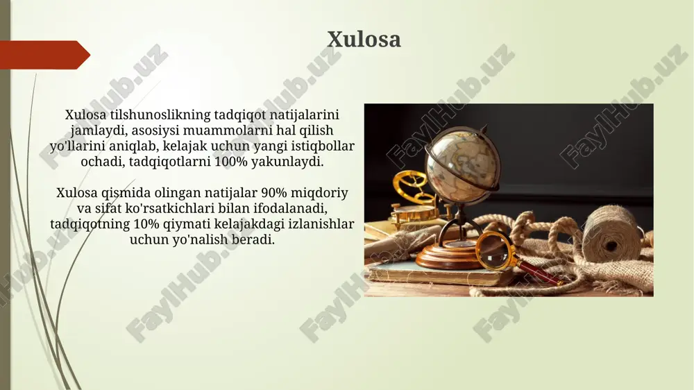 bogʻliq holda oʻrganadi, yaʼni mental jarayonlarga eʼtibor qaratadi. kognitiv tilshunoslik prototiplar nazariyasini qoʻllab, kategoriyalarni tushuntiradi, masalan, “qush” tushunchasi 5 xil turga ega boʻlishi mumkin. qiyosiy tilshunoslik ushbu yo'nalish fonetik korrespondensiyalar, morfologik analogiyalar va semantik o'zgarishlarni tahlil qilib, umumiy ajdod tilini (masalan, proto-hind-yevropa) tiklashga harakat qiladi. qiyosiy tilshunoslik 19-asrda paydo bo'lib, hind-yevropa tillarining o'xshashliklarini aniqlash va ularning rekonstruksiya qilish usullarini ishlab chiqdi. e'tiboringiz uchun rahmat @taqdimot_robot image2.jpg image3.jpg image4.jpg image5.jpg image6.jpg image7.jpg image8.jpg image9.jpg image10.jpg image11.jpg image12.jpg image13.jpg image14.jpg image15.jpg image16.jpg image17.jpg image18.jpg